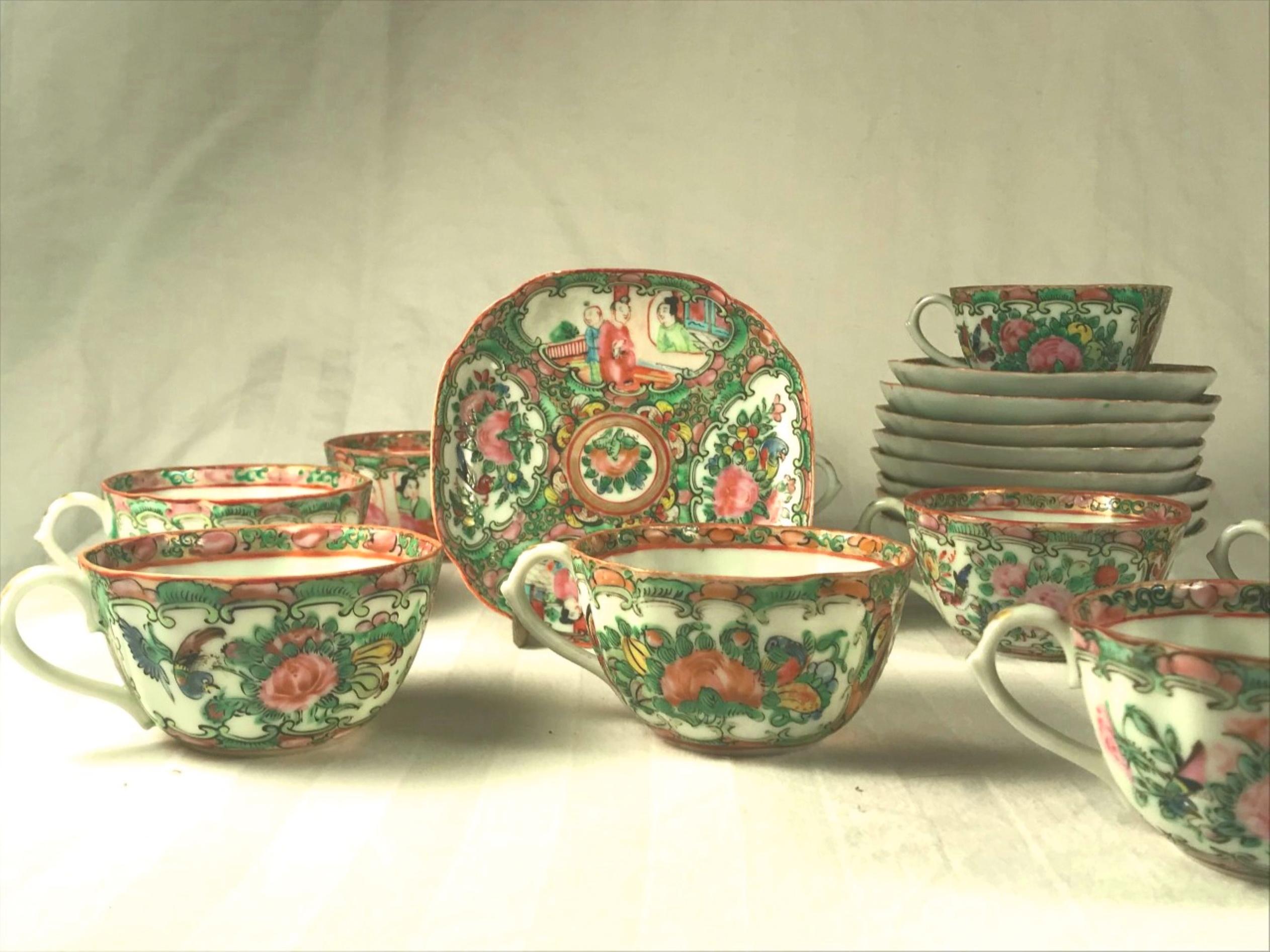 19th Century Rose Medallion Set of 9 Cups and Saucers In Good Condition In Vero Beach, FL