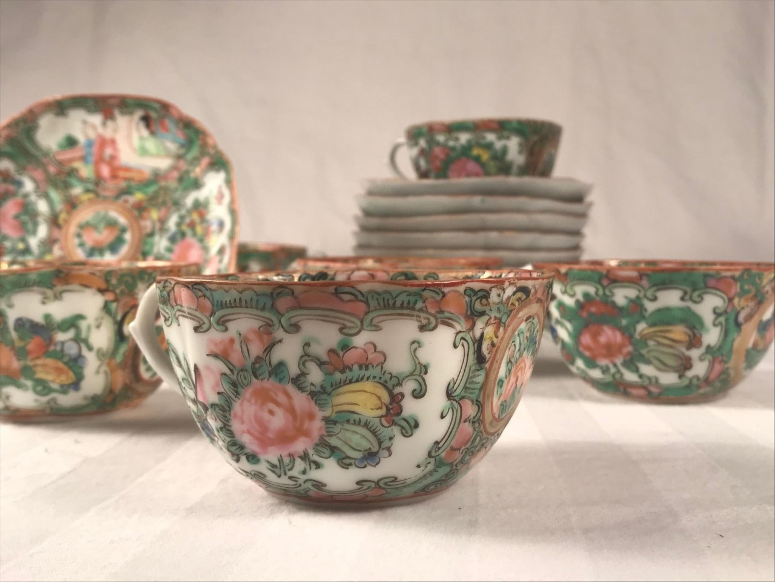 19th Century Rose Medallion Set of 9 Cups and Saucers 1