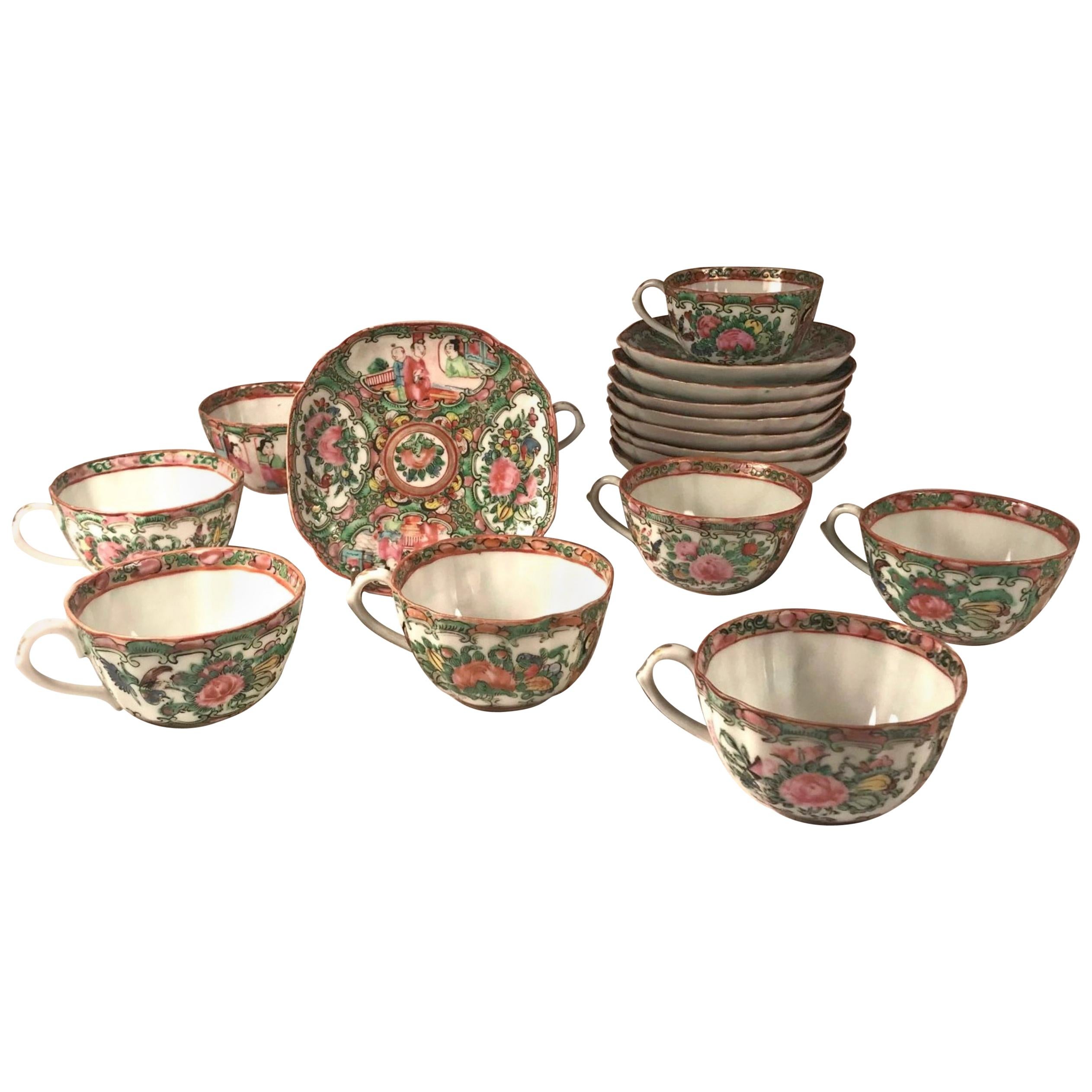19th Century Rose Medallion Set of 9 Cups and Saucers