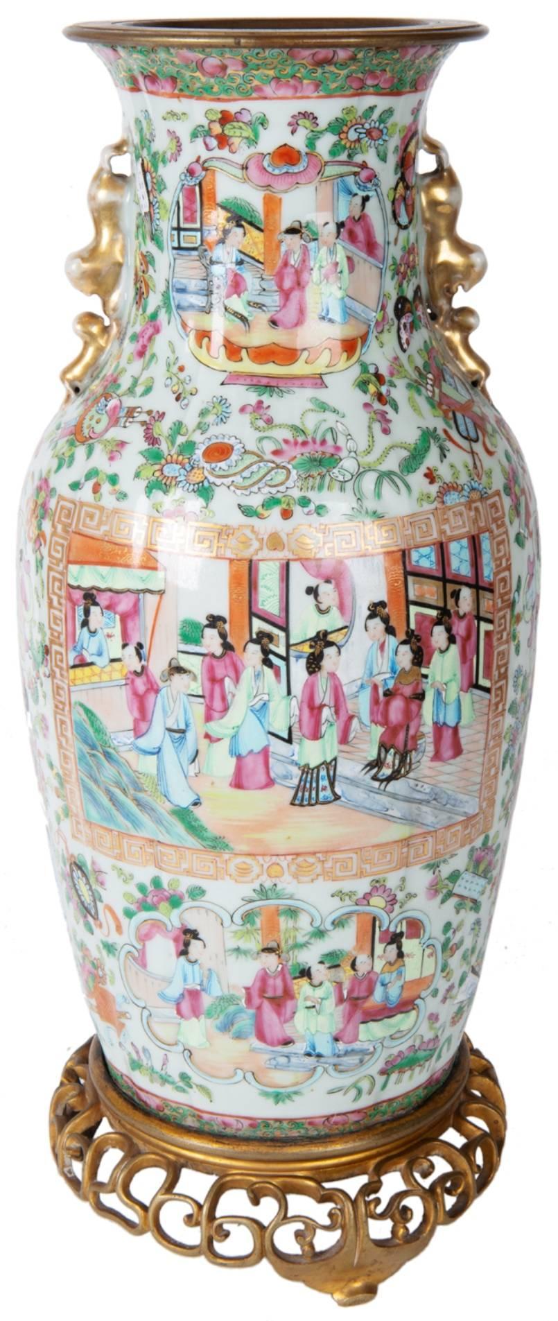 A good quality 19th century Chinese Rose medallion vase / lamp. Having classical Canton decoration of green ground, flowers.