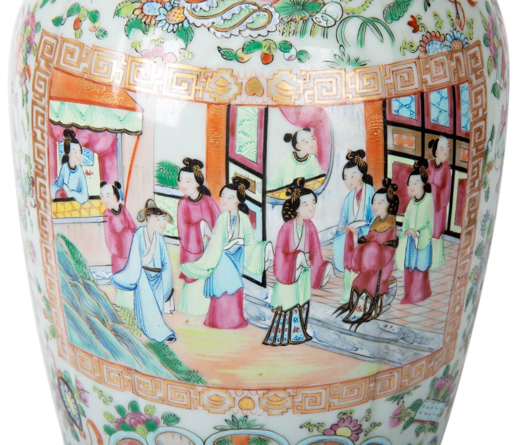 Chinese 19th Century Rose Medallion Vase / Lamp