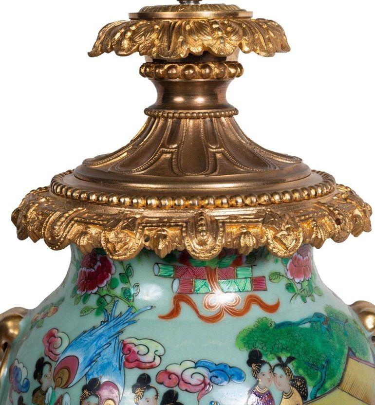 Porcelain 19th Century Rose Ormolu Mounted Rose Medallion Vase / Lamp