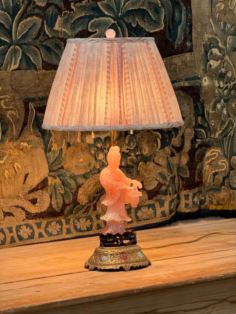 Chinese 19th Century Rose Quartz Carved Figure Lamp with Jeweled Base