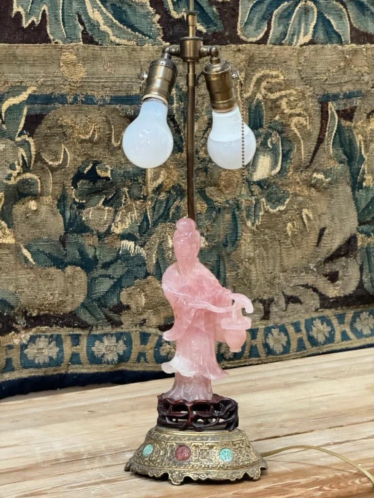 19th Century Rose Quartz Carved Figure Lamp with Jeweled Base In Good Condition In Charlottesville, VA