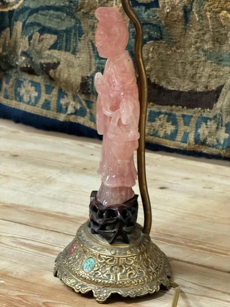 19th Century Rose Quartz Carved Figure Lamp with Jeweled Base 1