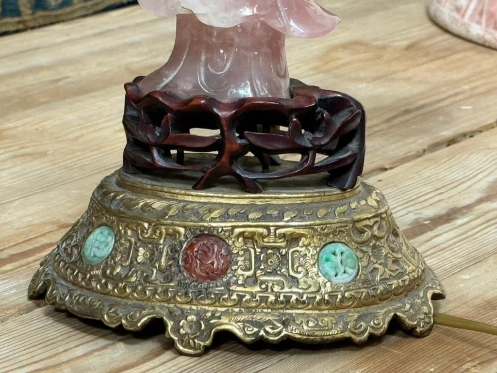 19th Century Rose Quartz Carved Figure Lamp with Jeweled Base 3