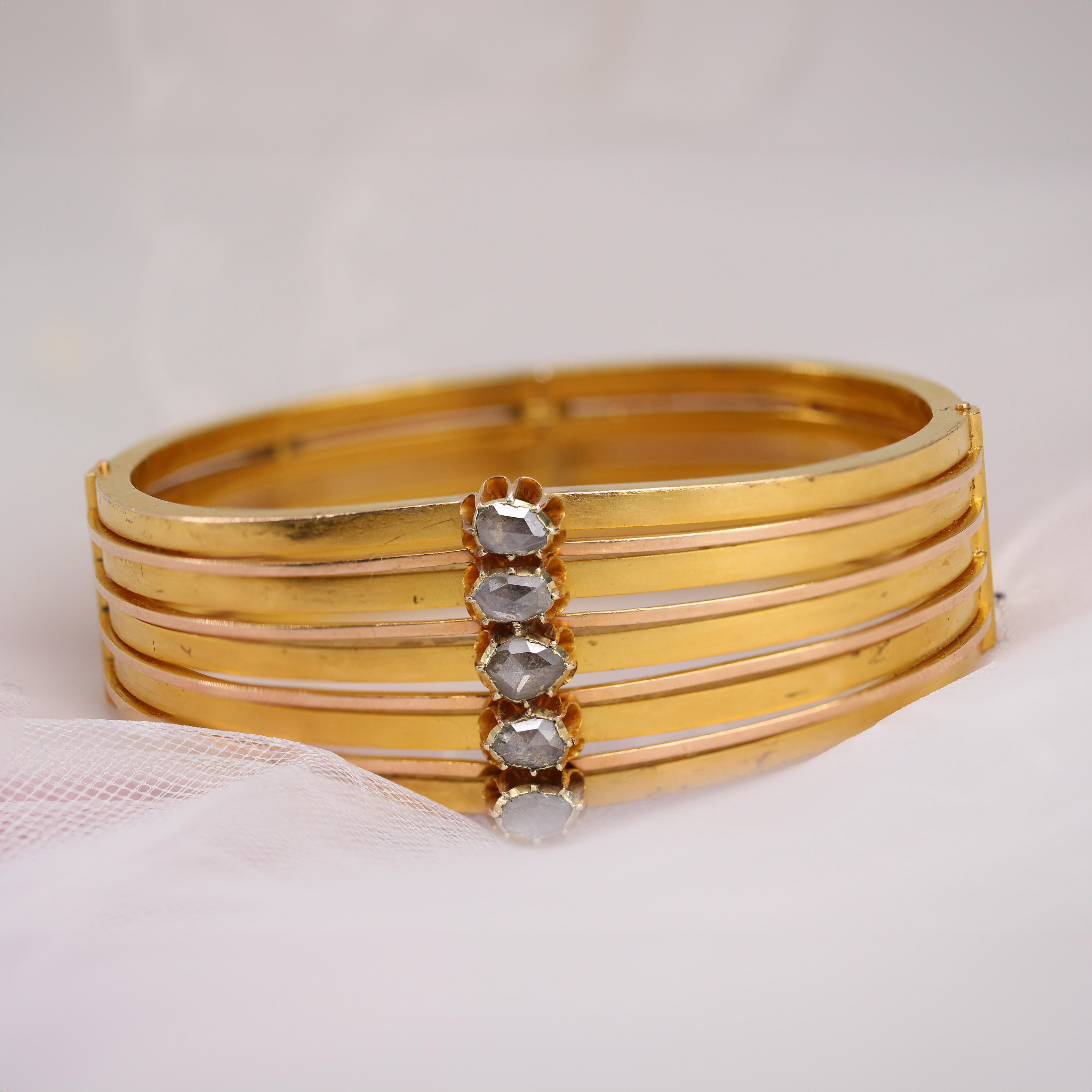 19. Jahrhundert Rosecut Diamanten Mattes Gelbgold Armreif Armband (Rosenschliff) im Angebot