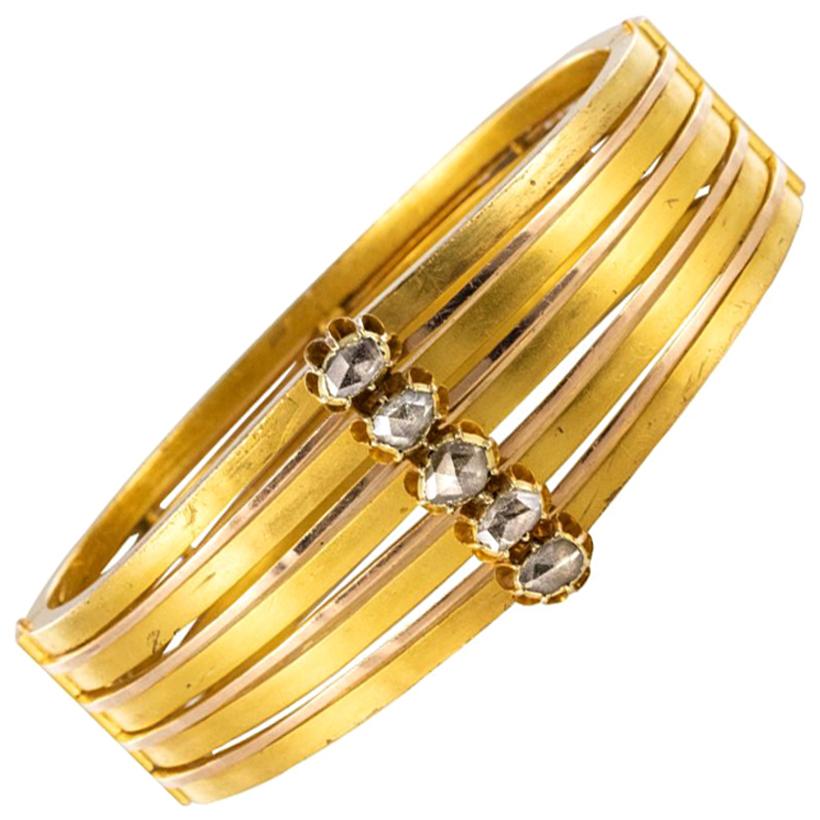 Gold Bangle Bracelet Set with Diamonds and Sapphire For Sale at 1stDibs