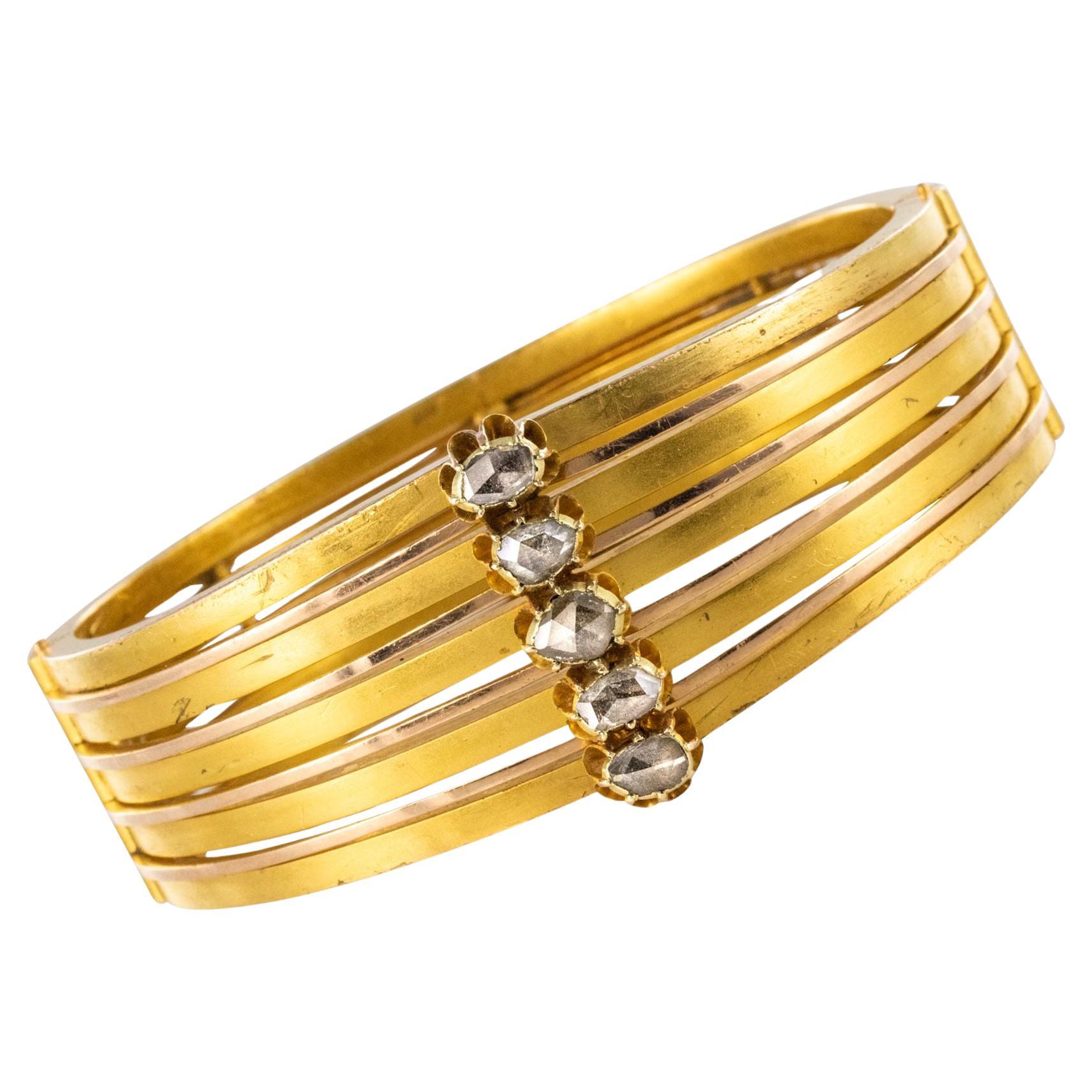19th Century Rosecut Diamonds Matte Yellow Gold Bangle Bracelet For Sale