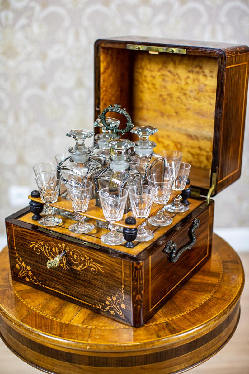 Glass 19th-Century Rosewood Box with Liqueur Set