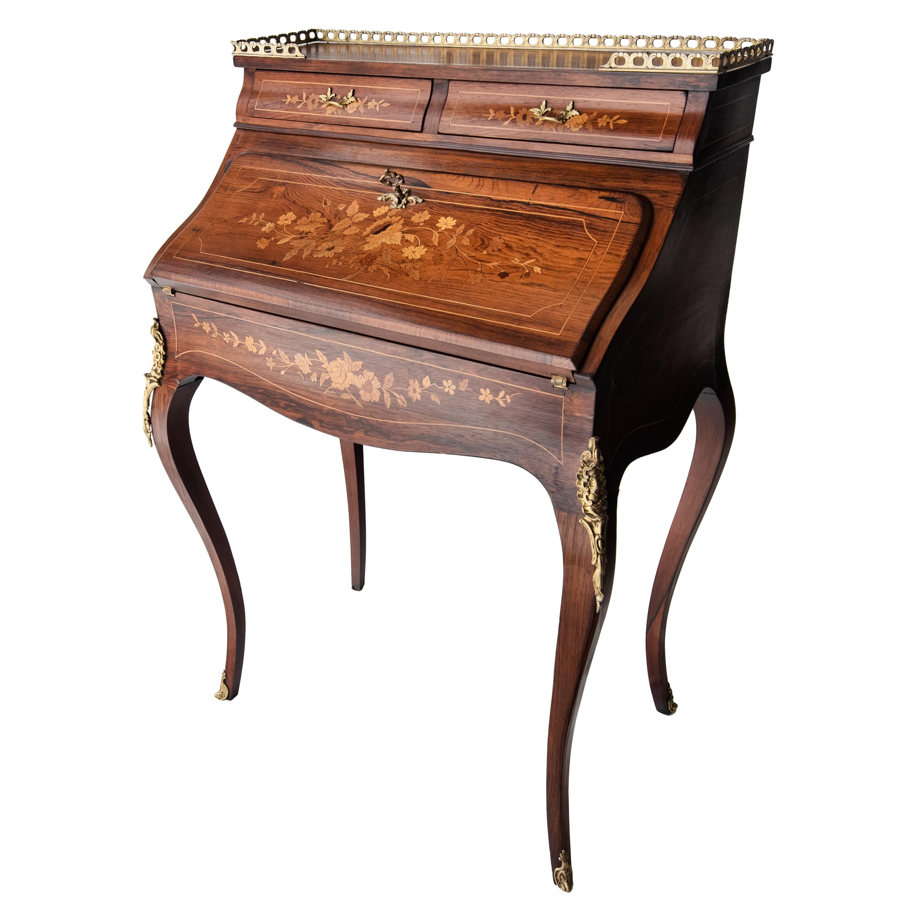 19th Century Rosewood French Louis XV Style Marquetry Bureau Desk with Secret For Sale