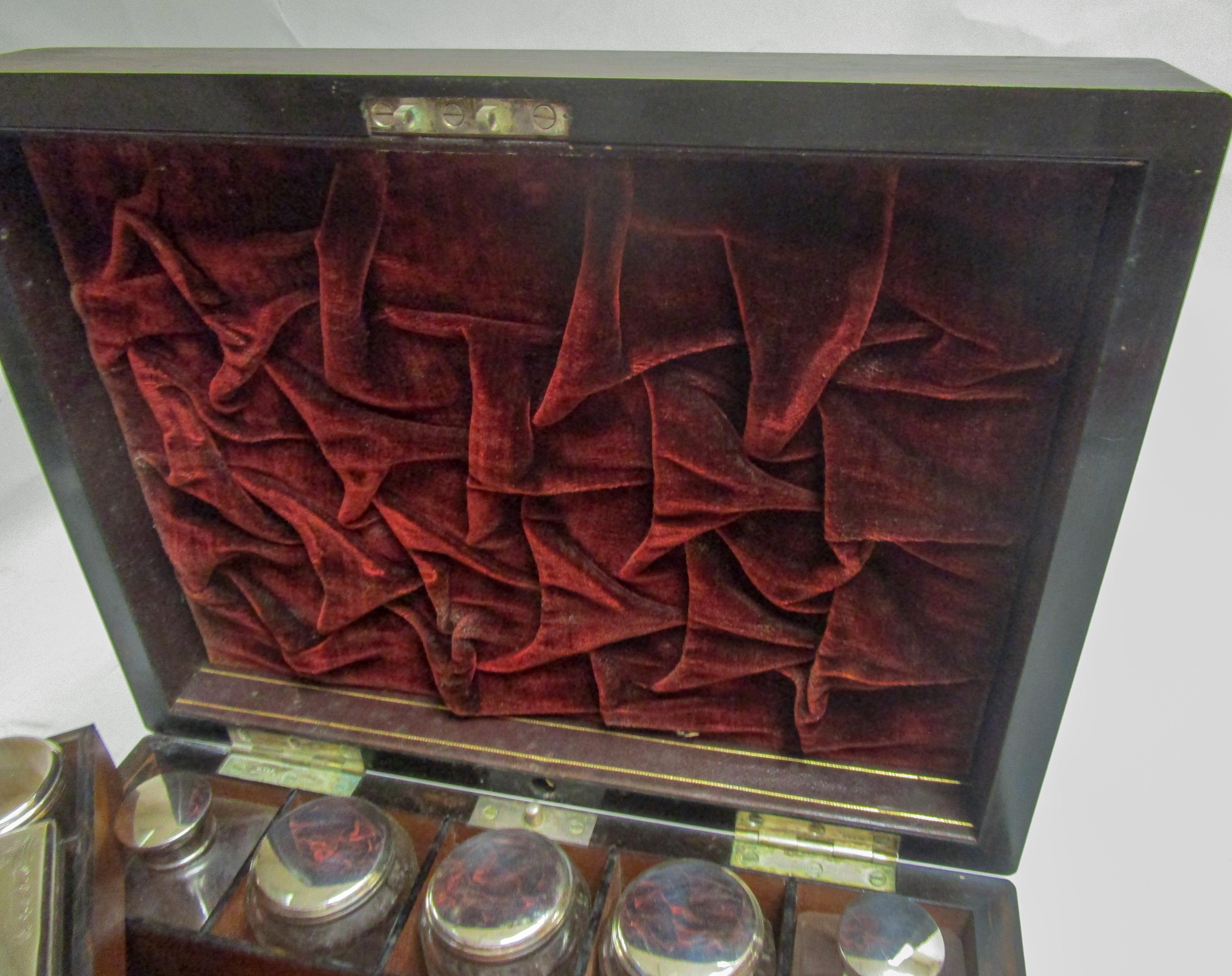 Silver Plate Rosewood Gentleman's Military Campaign Vanity Box with Secret Drawer For Sale