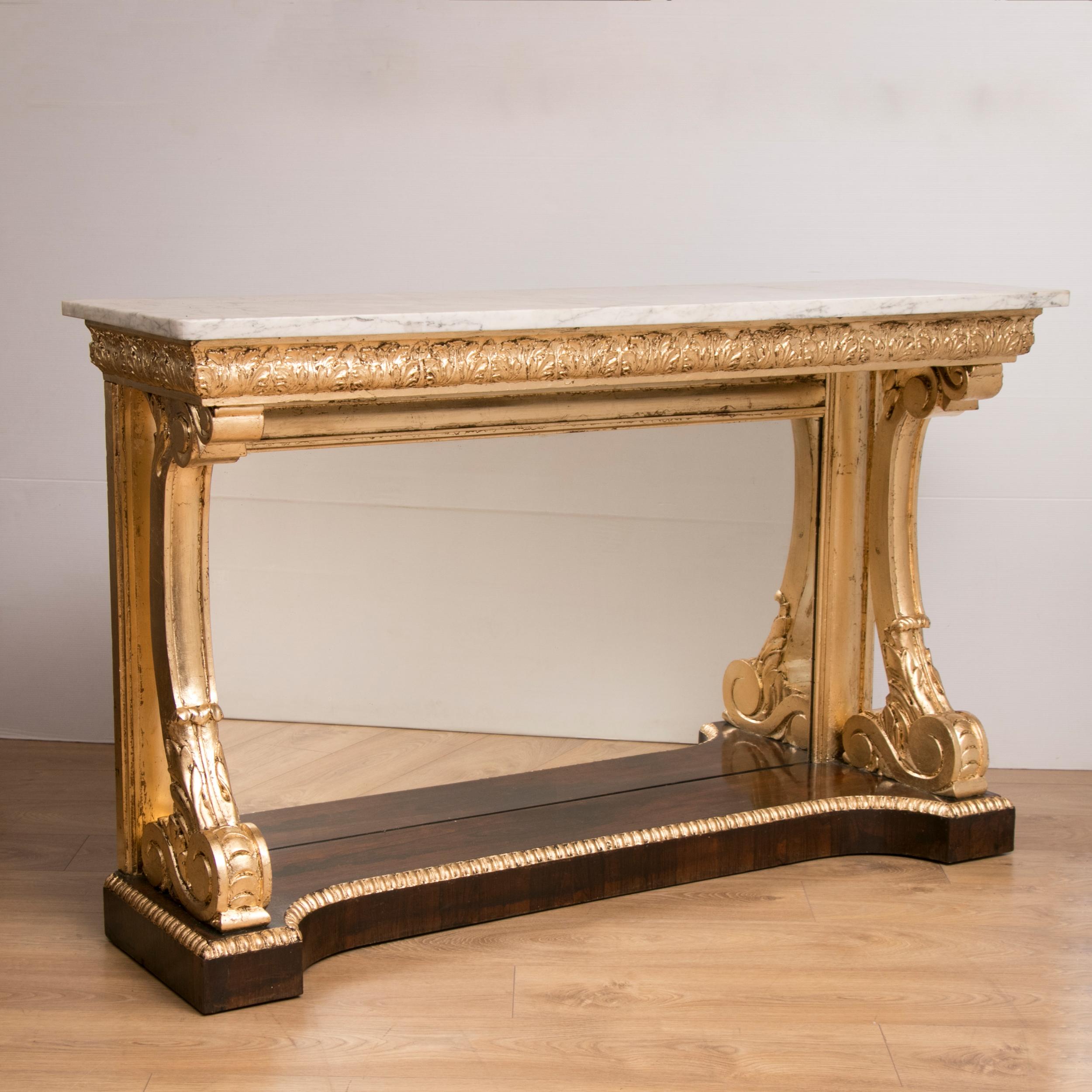 British 19th Century Rosewood Irish Console Table with Mirrored Back and Marble Top For Sale