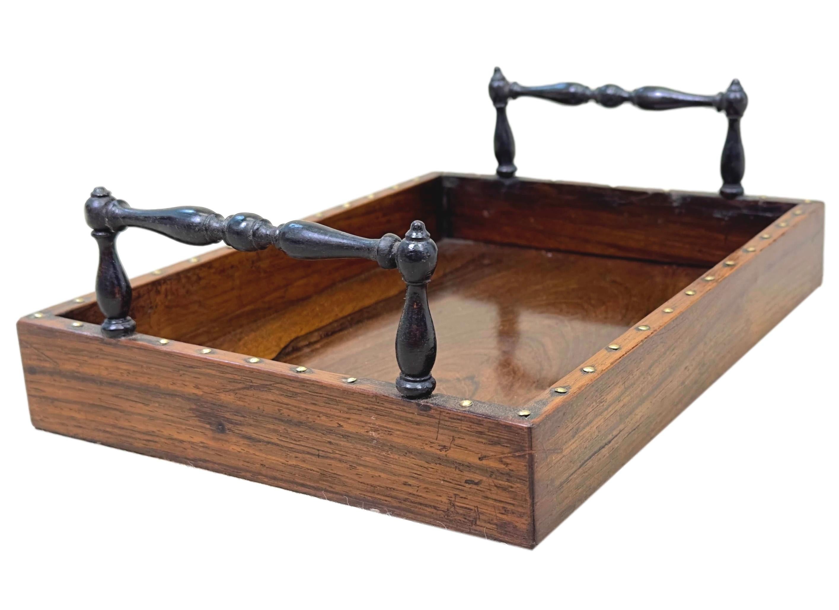 A Very Attractive And Extremely Good Quality Mid 19th Century Rosewood Letter Tray, Of Unusually Diminutive Proportions, Having Exceptionally Well Figured Top With Studworlk Decoration To Galleried Sides And Stylish Original Turned Carrying