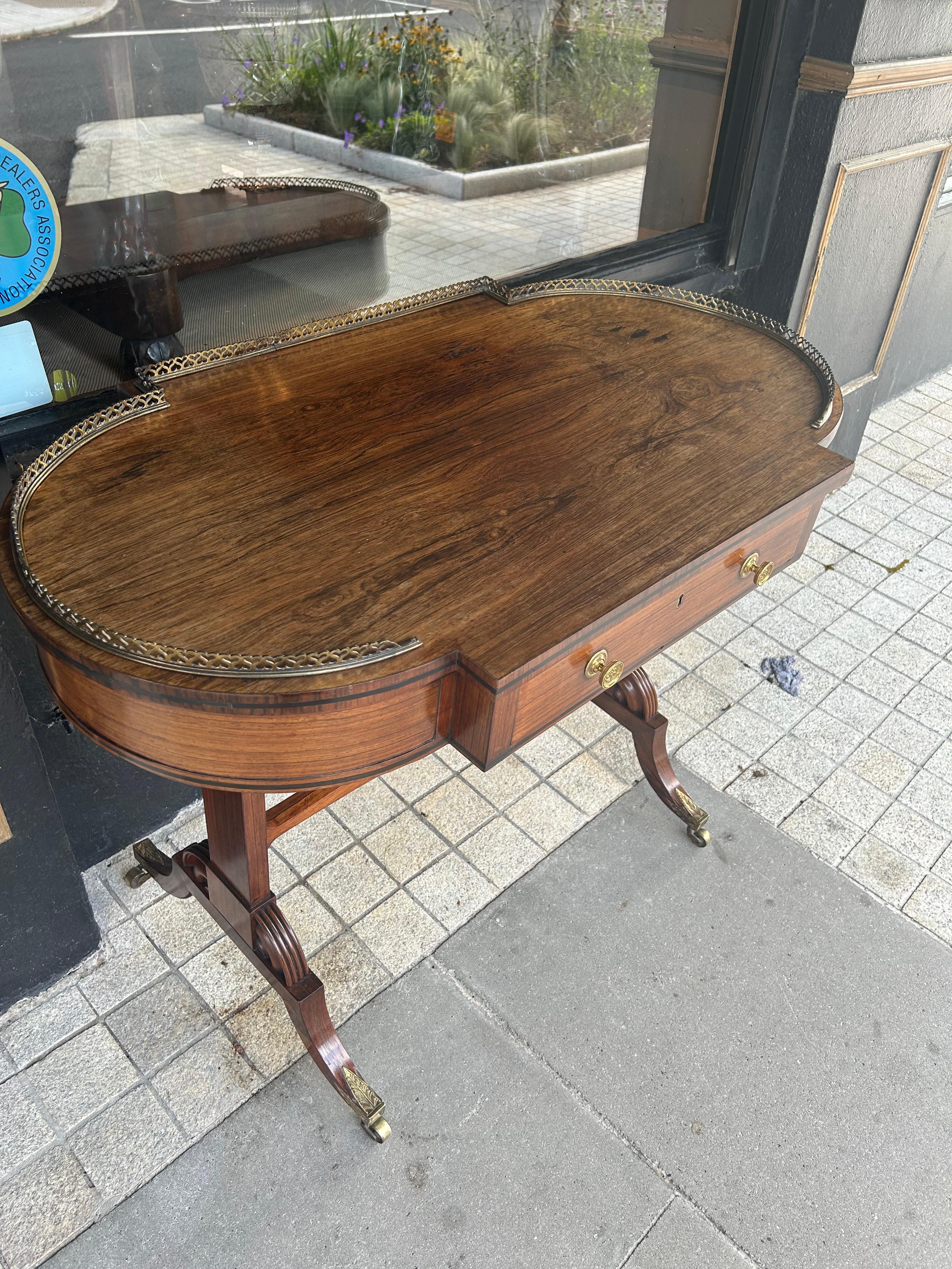 Brass 19th Century Rosewood Library Table With Bow Ends For Sale