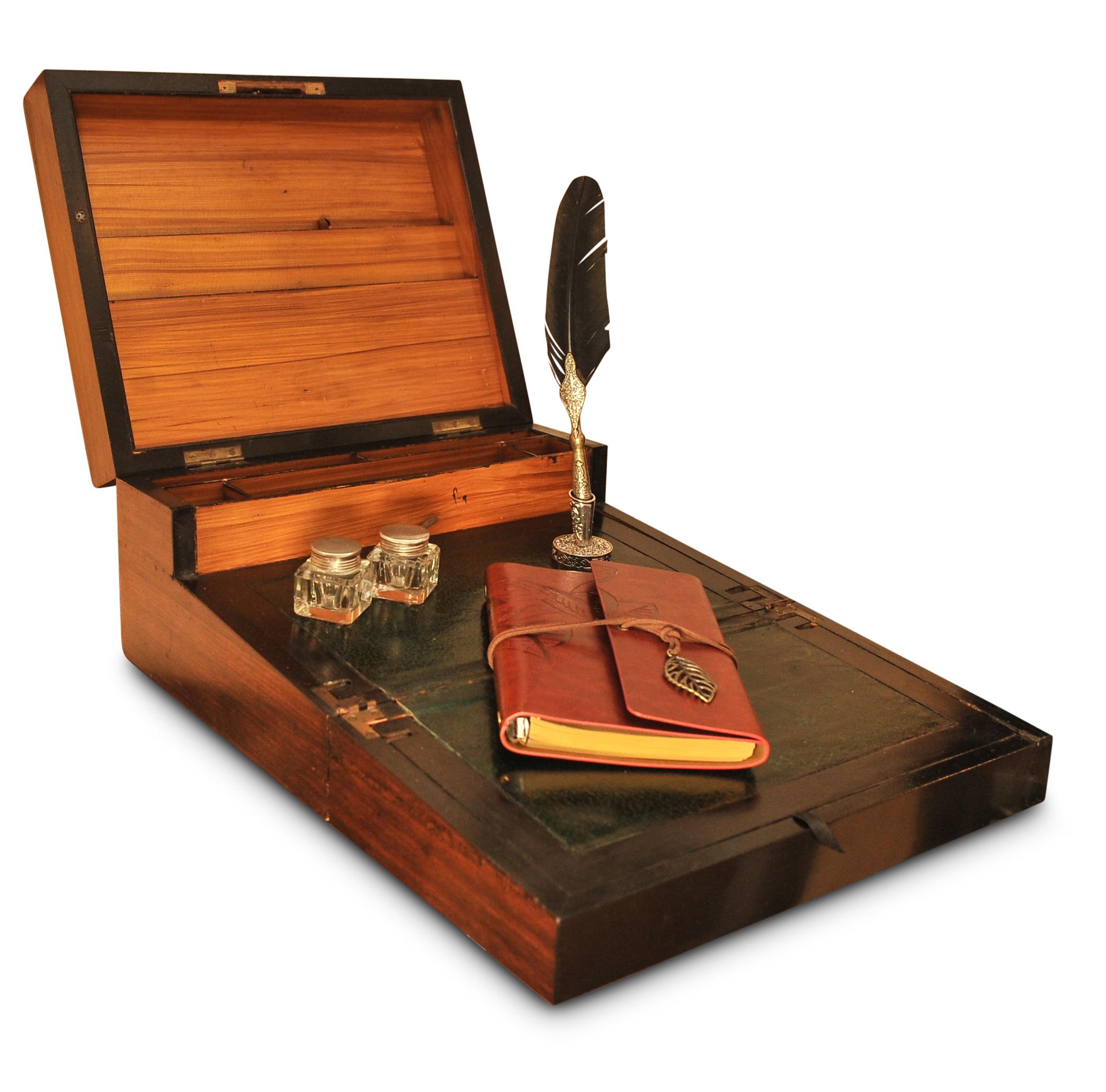 Pente d'écriture stationnaire du 19ème siècle en bois de rose et incrustation avec intérieur en cuir en vente 5