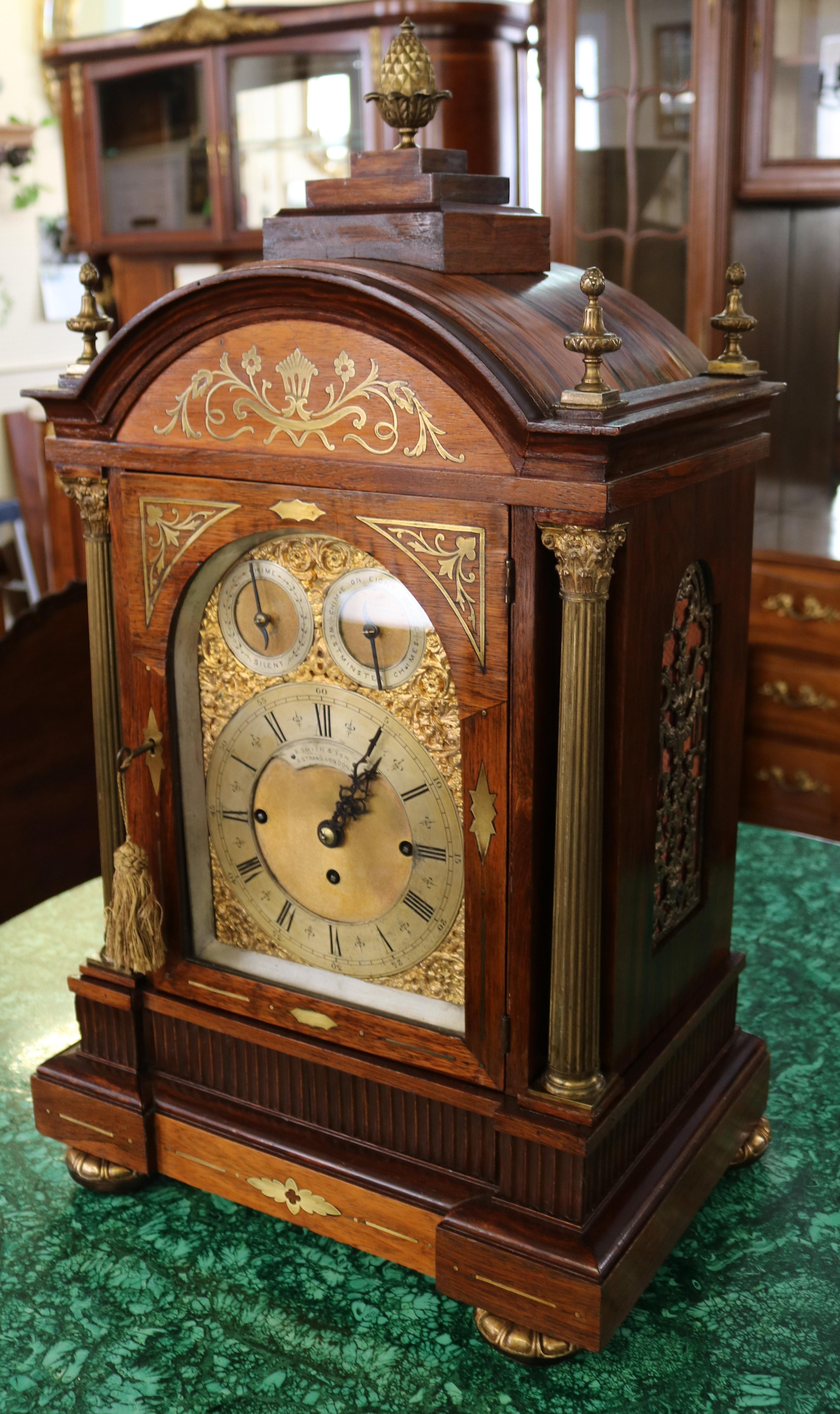 Edwardian 19th Century Rosewood Musical Mantel Bracket Clock by S. Smith & Sons London For Sale