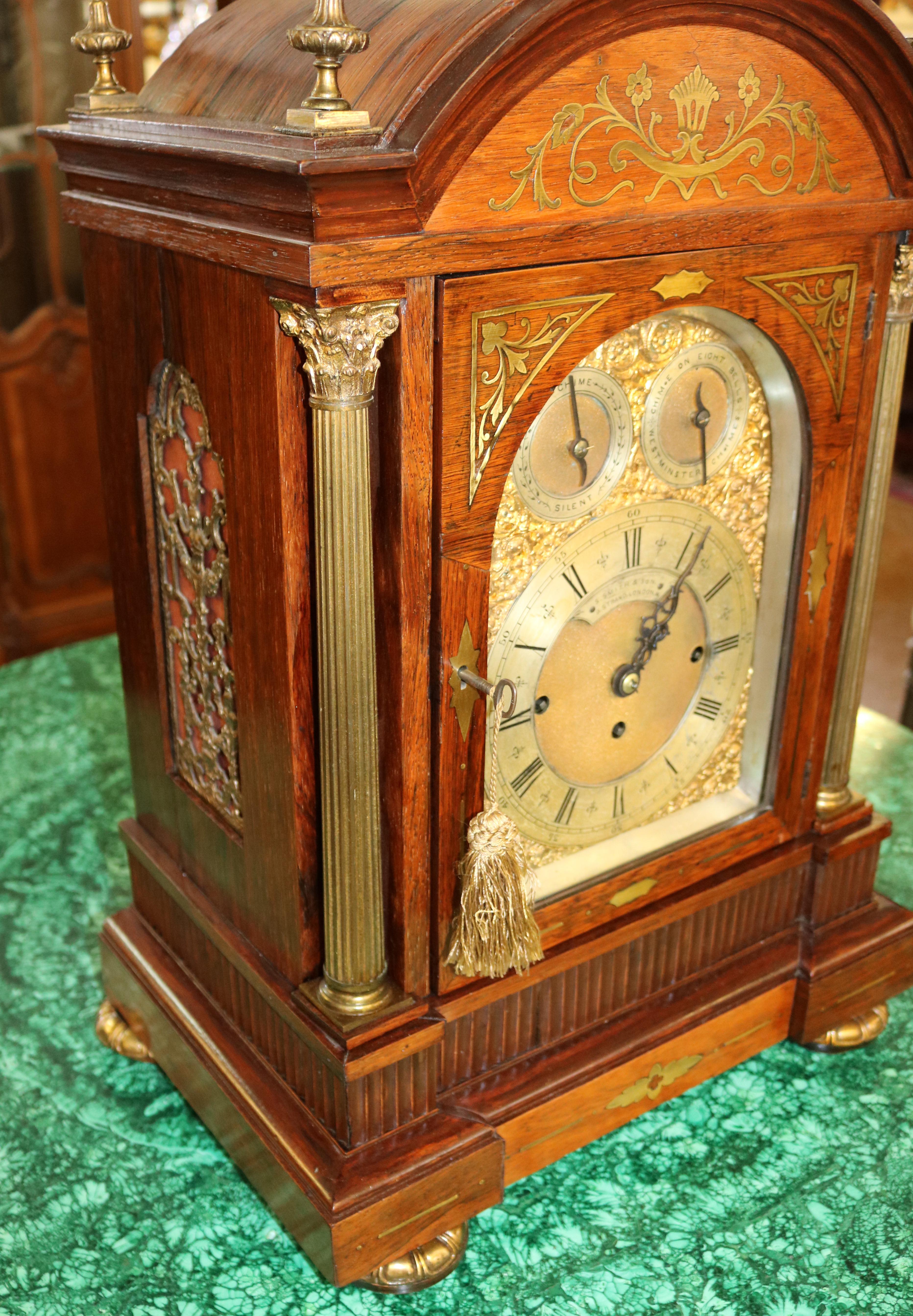 19th Century Rosewood Musical Mantel Bracket Clock by S. Smith & Sons London For Sale 3