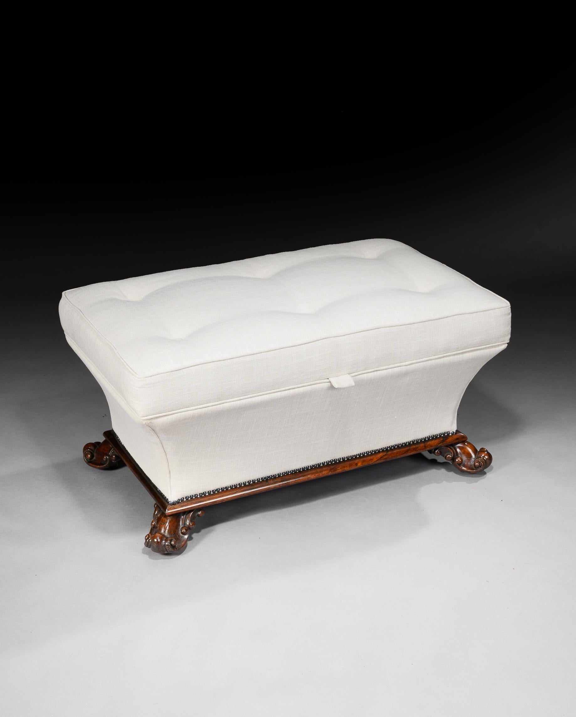 A good 19th century early Victorian shaped rosewood country house ottoman.

English, circa 1840.

Well proportioned and of sarcophagus form, having been recently upholstered in a fine quality linen whilst retaining its original horsehair