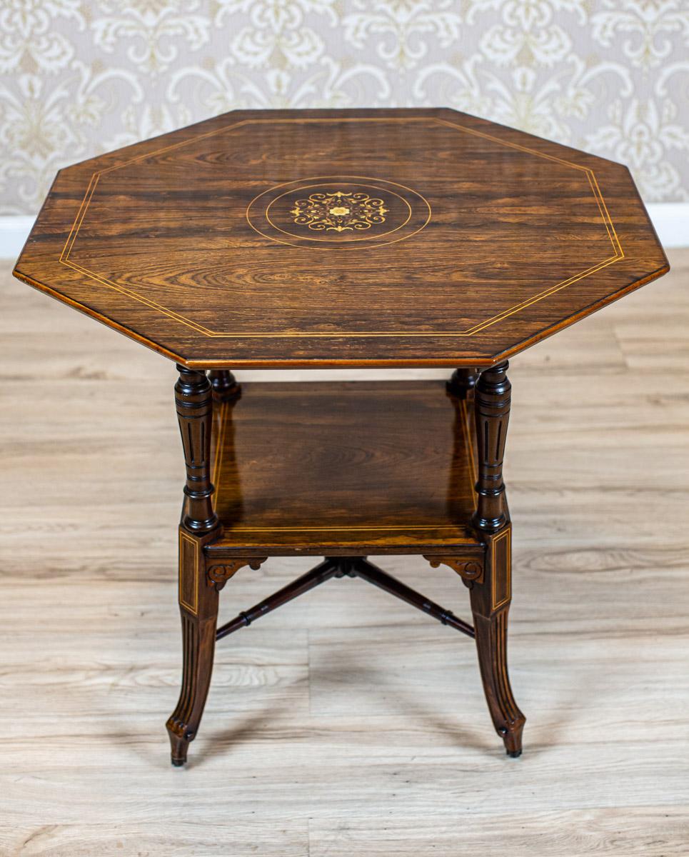 19th-Century Eight-Sided Rosewood Side Table with Inlaid Top In Good Condition In Opole, PL