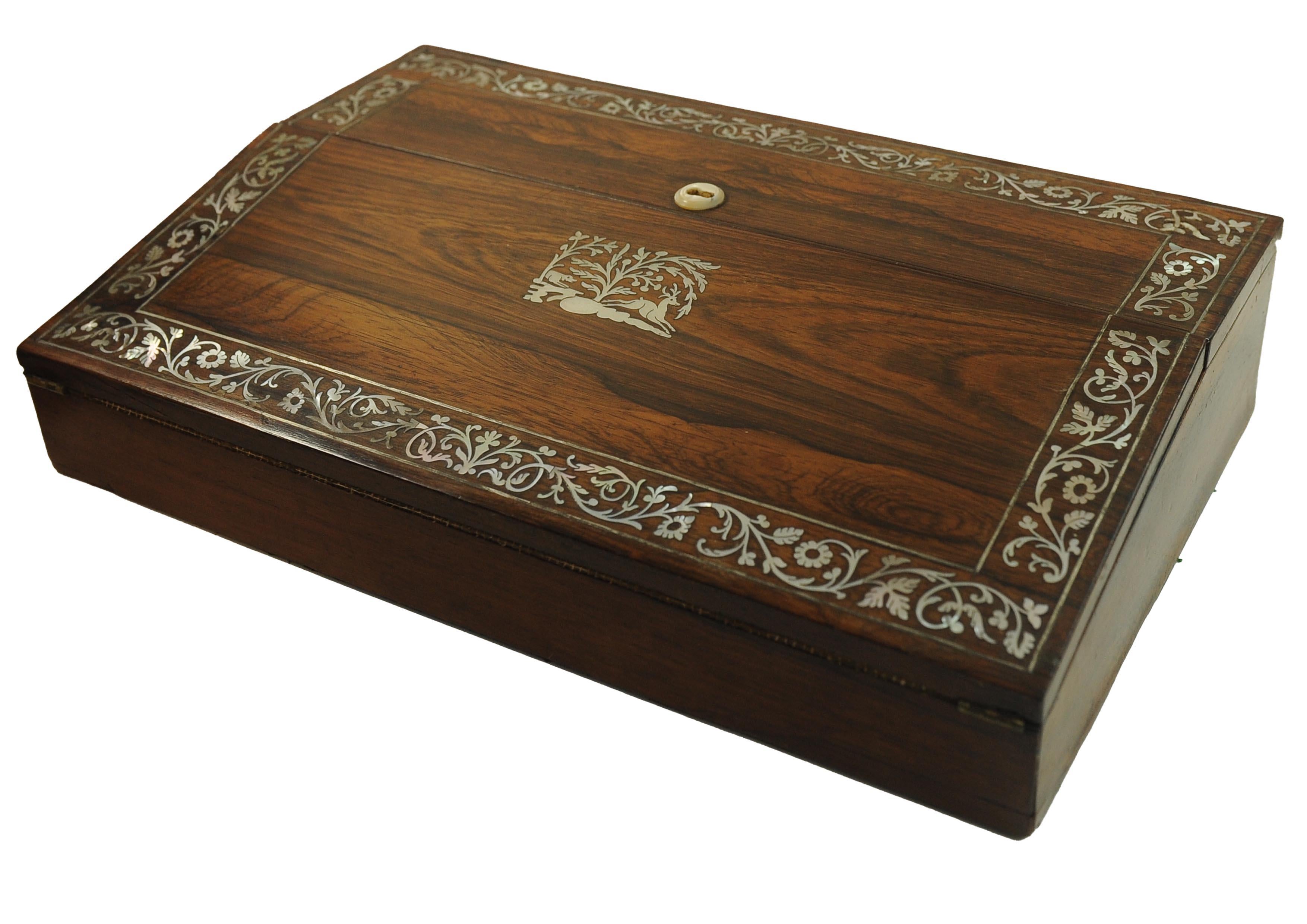 19th Century Rosewood Writing Slope Decorated With Beautiful Inlay Throughout For Sale 3