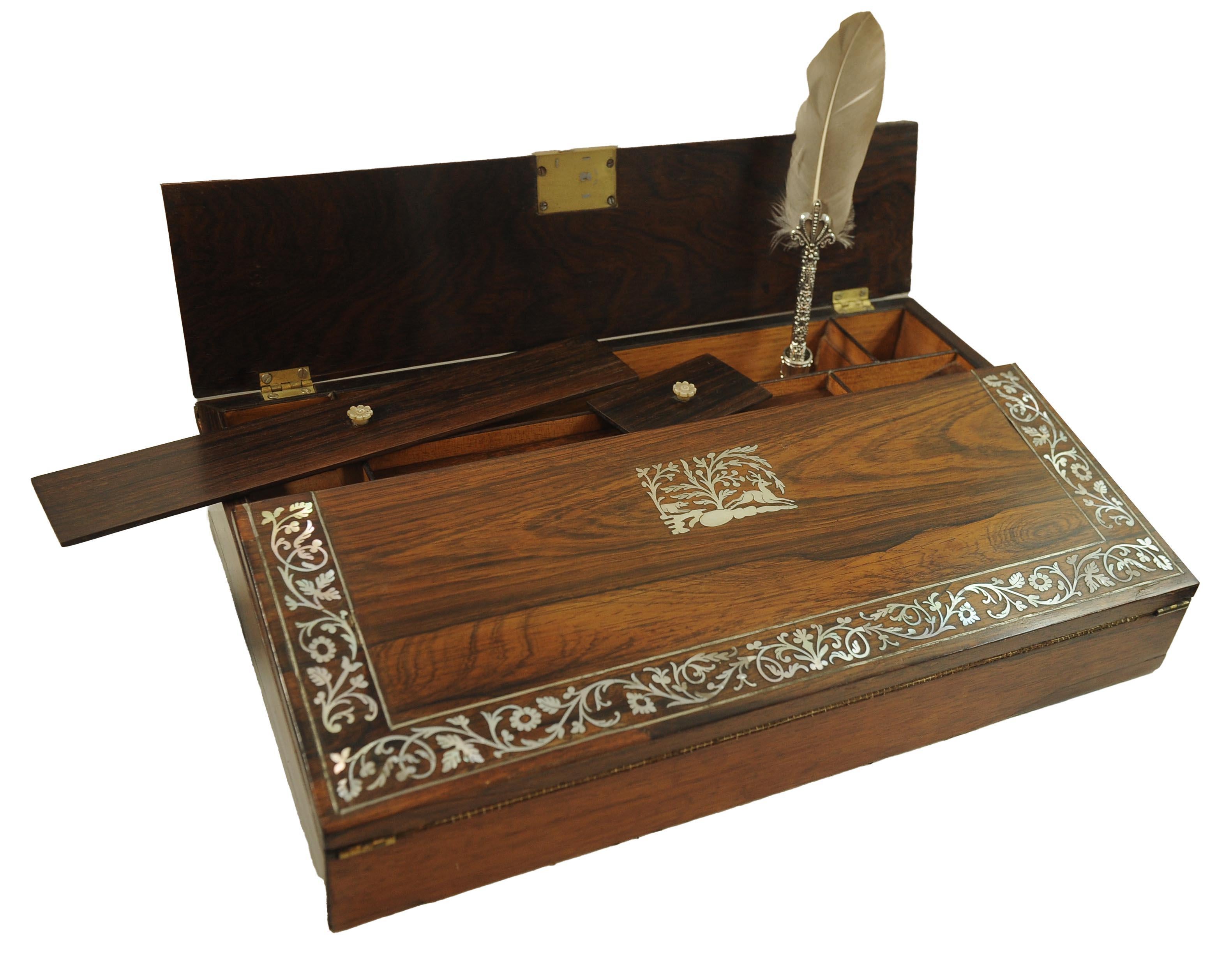 Victorian 19th Century Rosewood Writing Slope Decorated With Beautiful Inlay Throughout For Sale