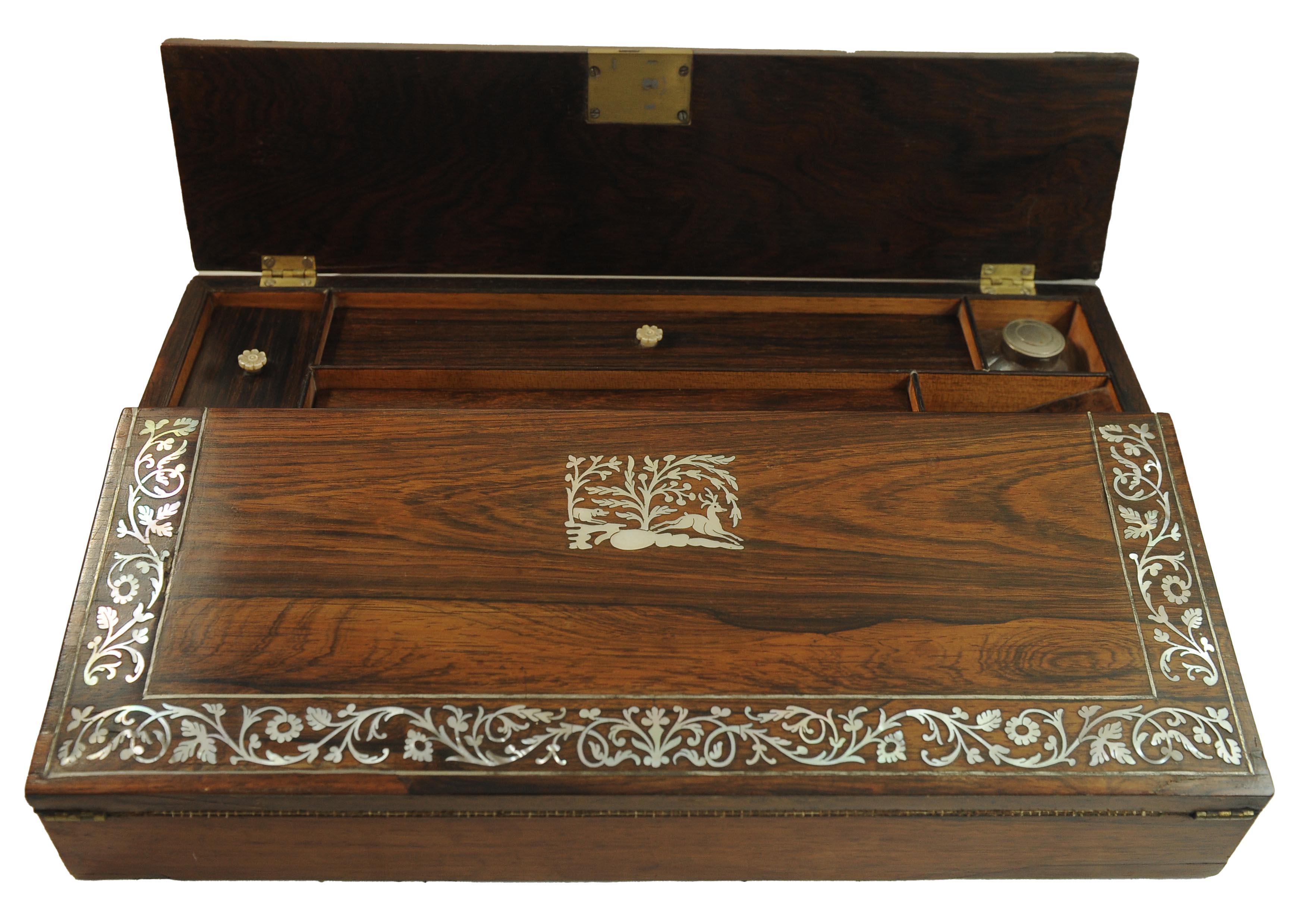 English 19th Century Rosewood Writing Slope Decorated With Beautiful Inlay Throughout For Sale
