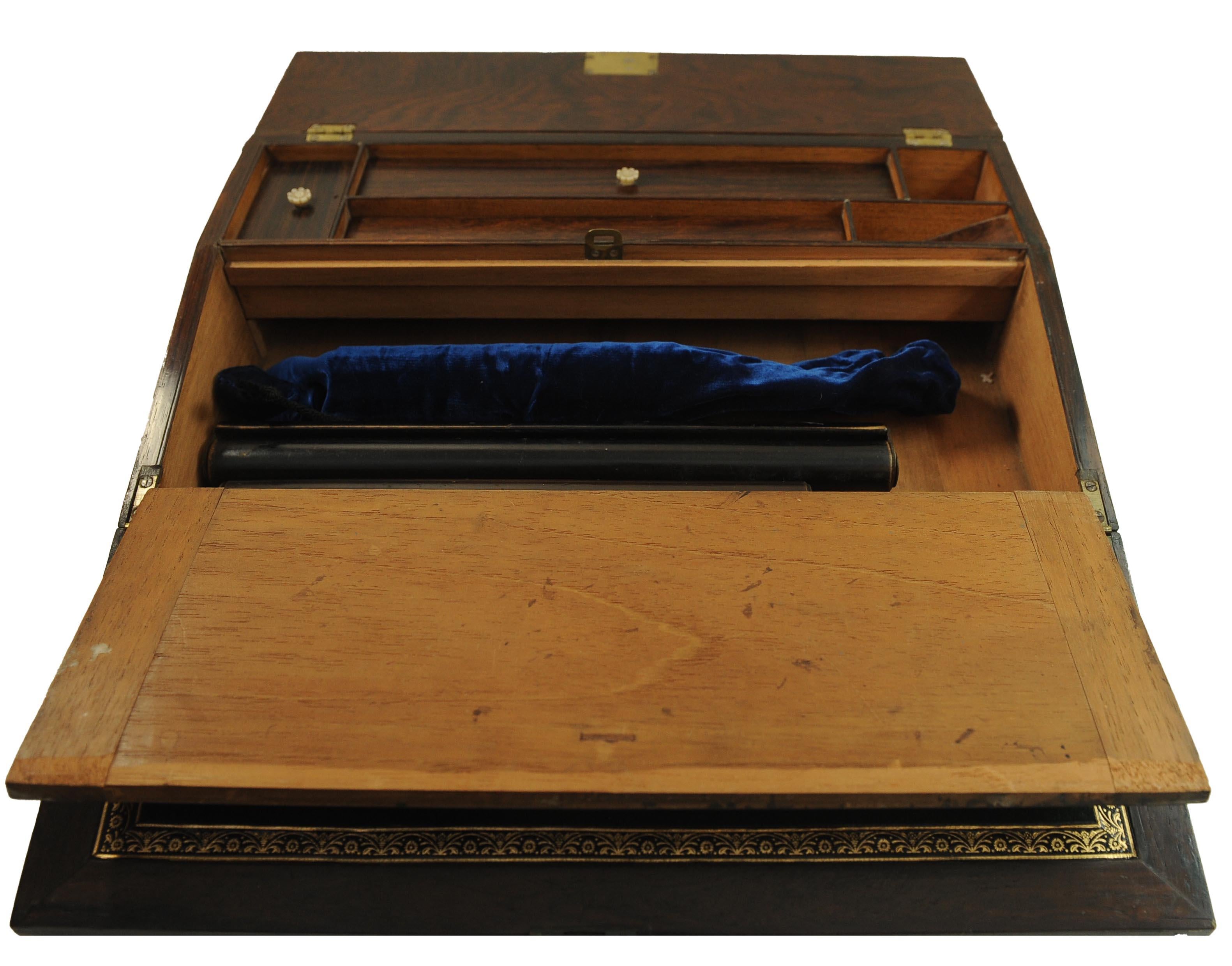 Brass 19th Century Rosewood Writing Slope Decorated With Beautiful Inlay Throughout For Sale