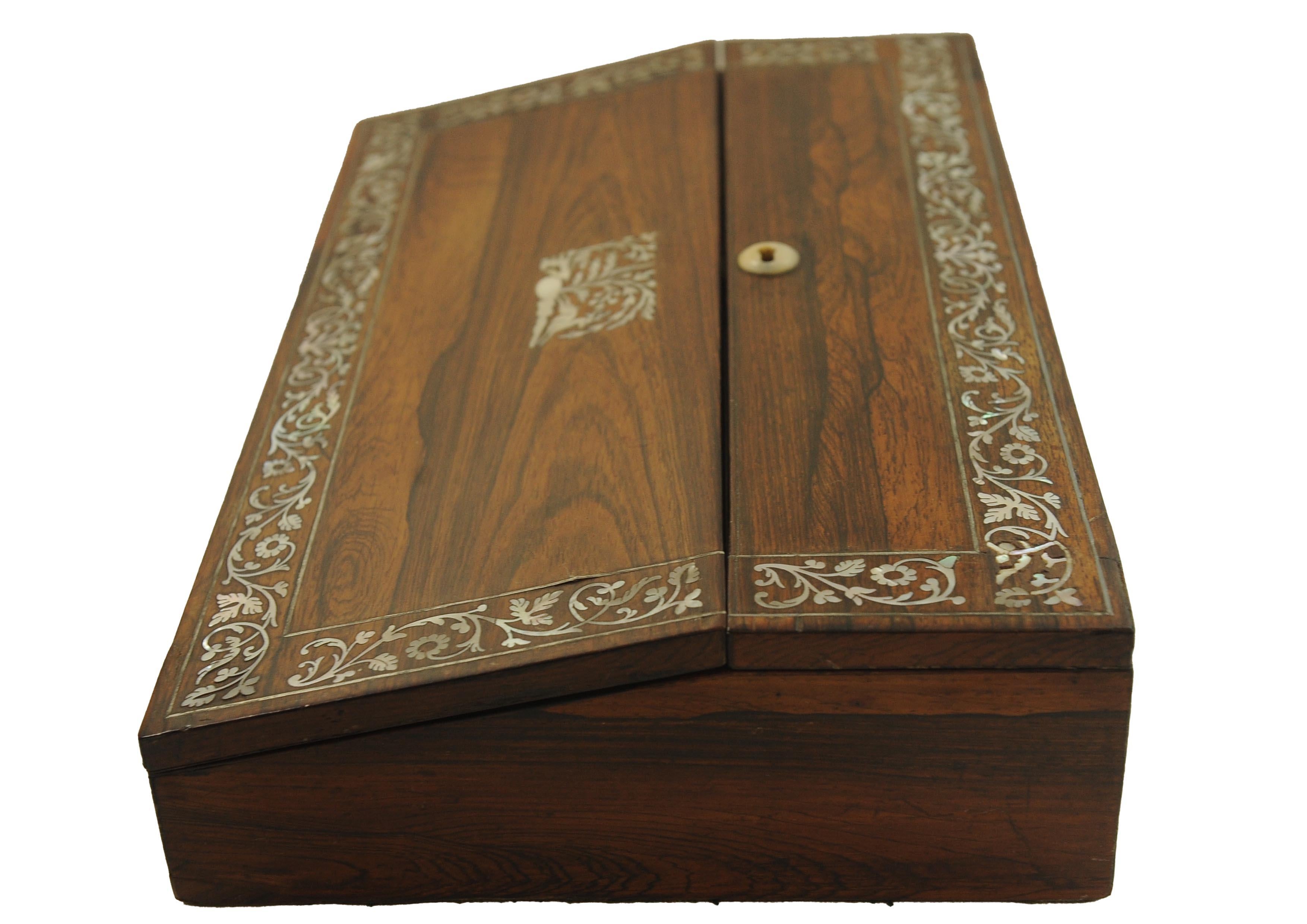 19th Century Rosewood Writing Slope Decorated With Beautiful Inlay Throughout For Sale 2