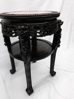 19th Century Round Antique Chinese Carved Hardwood Table Marble Top