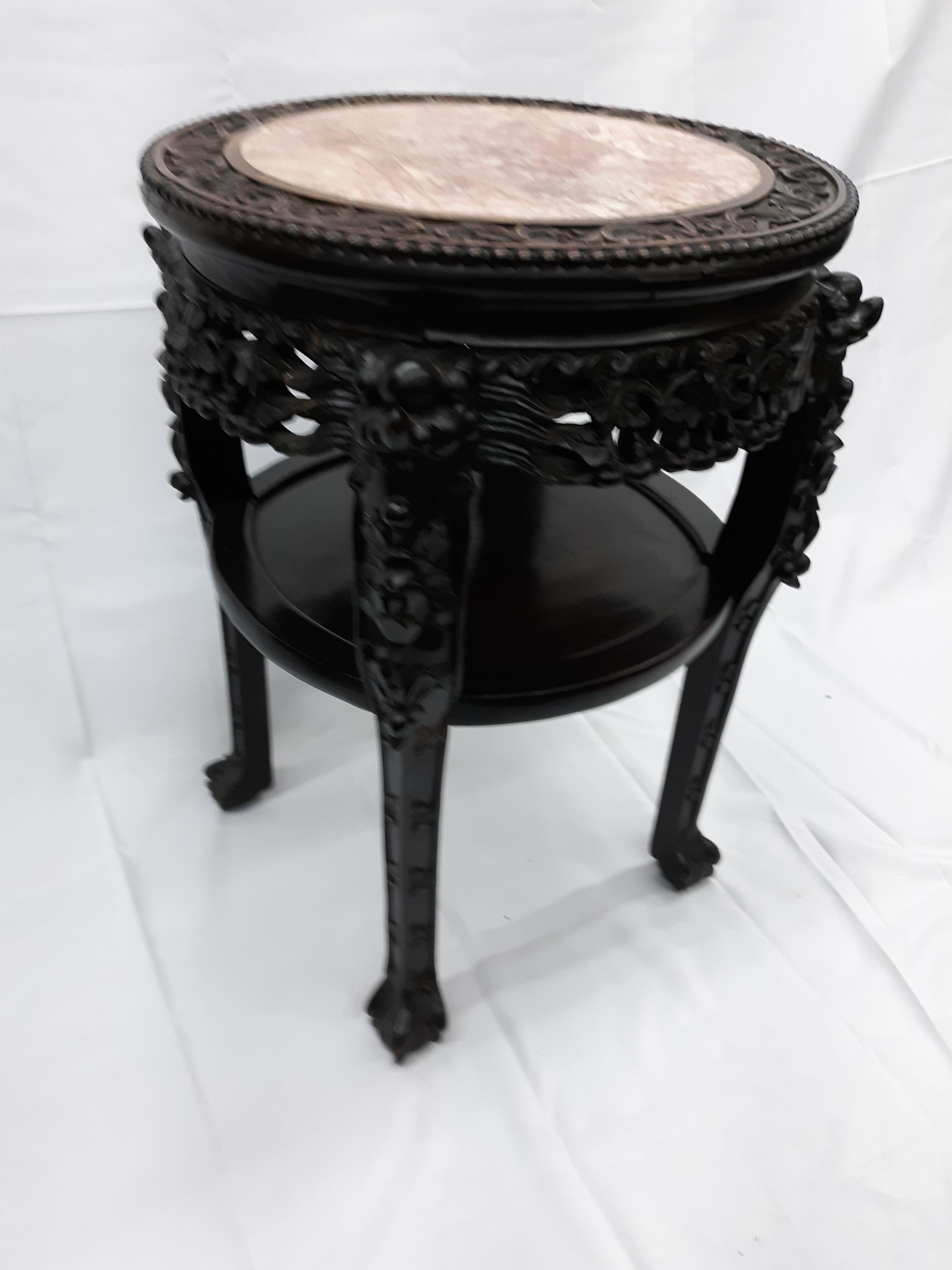 Hand-Carved 19th Century Round Antique Chinese Carved Hardwood Table Marble Top For Sale