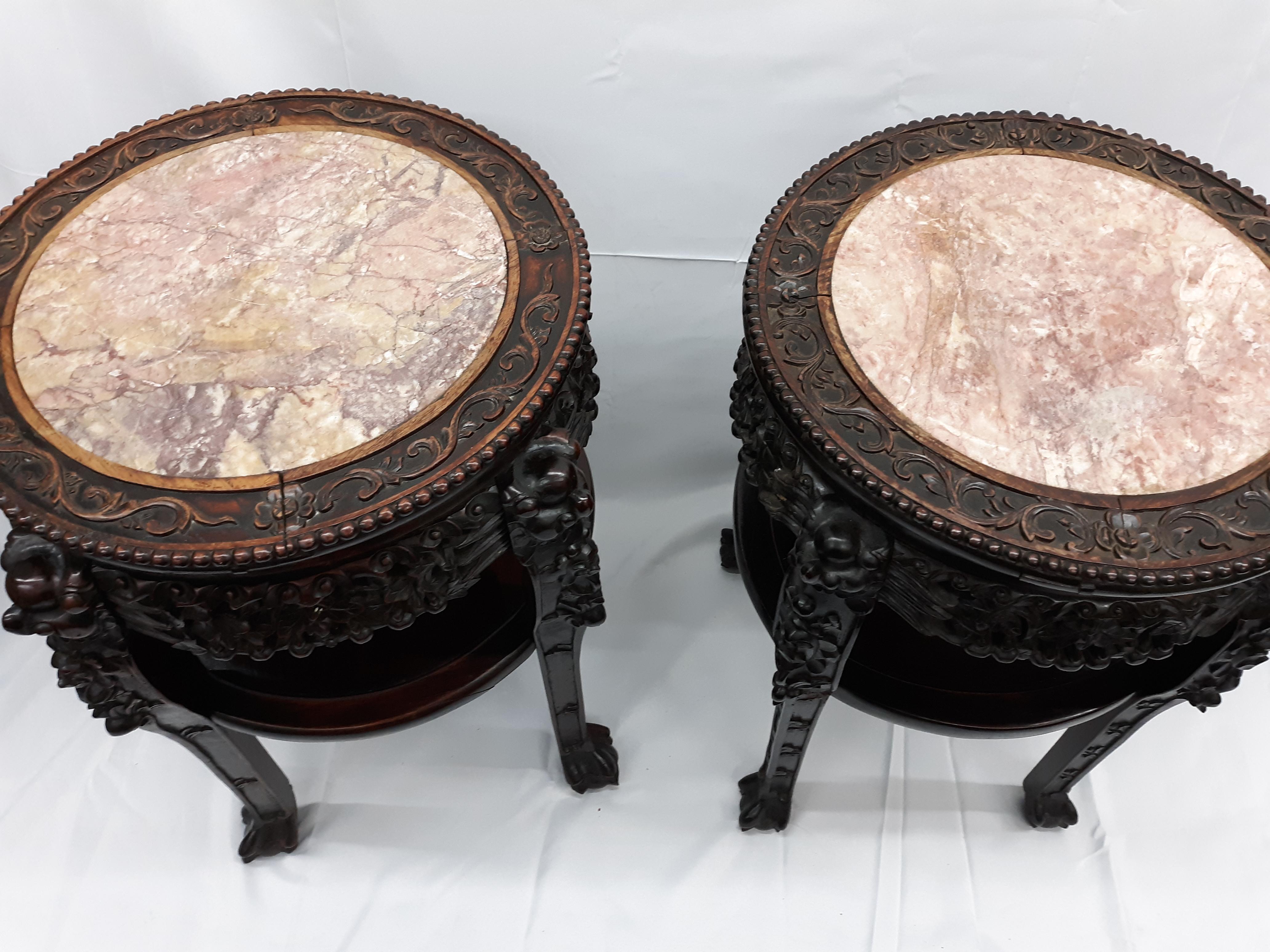 19th Century Round Antique Chinese Carved Hardwood Table Marble Top For Sale 1