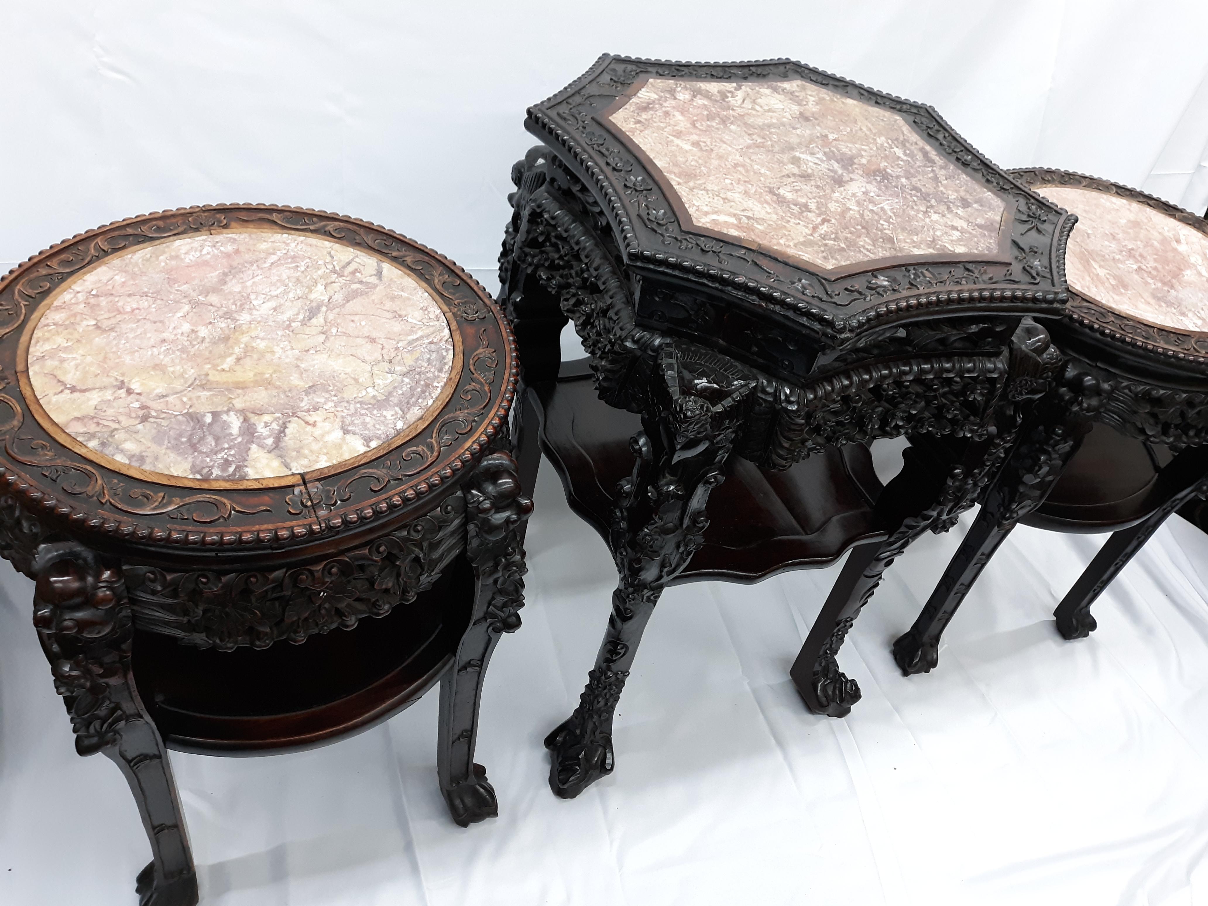 19th Century Round Antique Chinese Carved Hardwood Table Marble Top For Sale 3