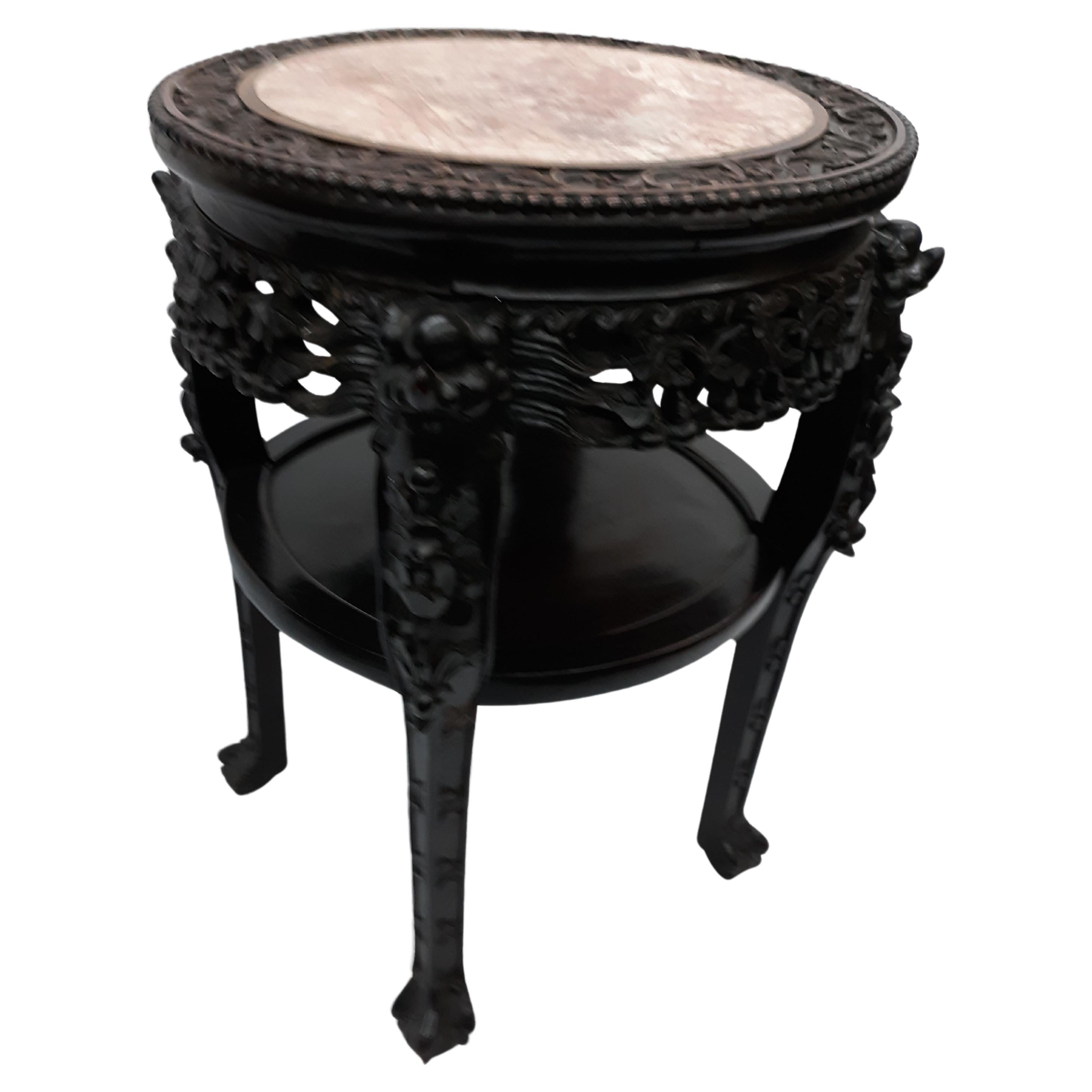 19th Century Round Antique Chinese Carved Hardwood Table Marble Top For Sale