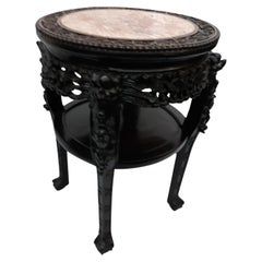 19th Century Round Antique Chinese Carved Hardwood Table Marble Top