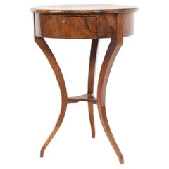 19th Century round Biedermeier Sewing Side Table Walnut and Walnut Root Veneer