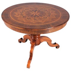 Antique 19th Century Round Coffee Table, Side Table, Walnut with Marquetry, Italy, 1880
