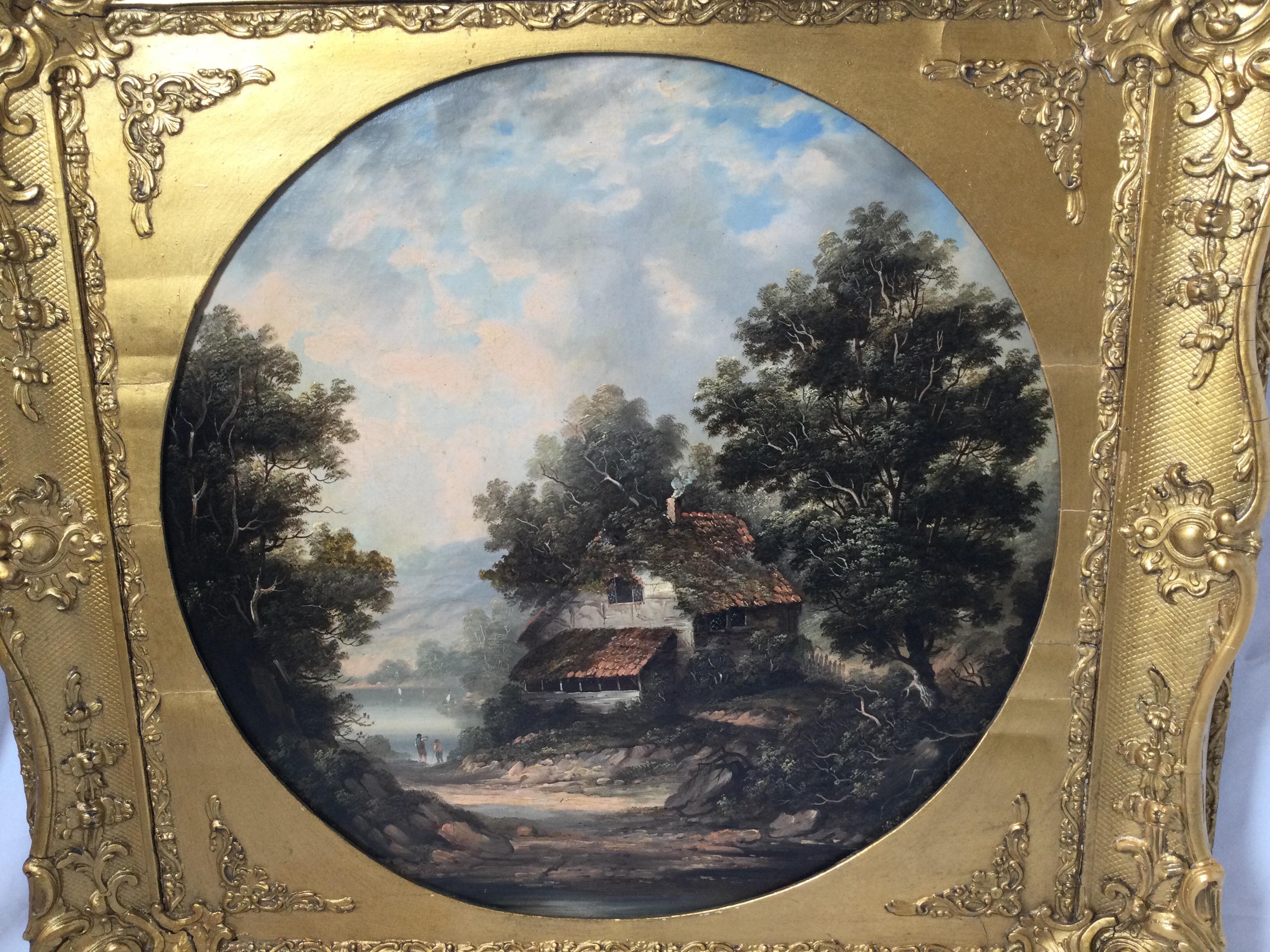 Wonderful landscape painting. Possibly Ireland? Thatched roof cottage, lake and sail boats. Gold gilding over gessoed wood frame. No apparent signature. 27