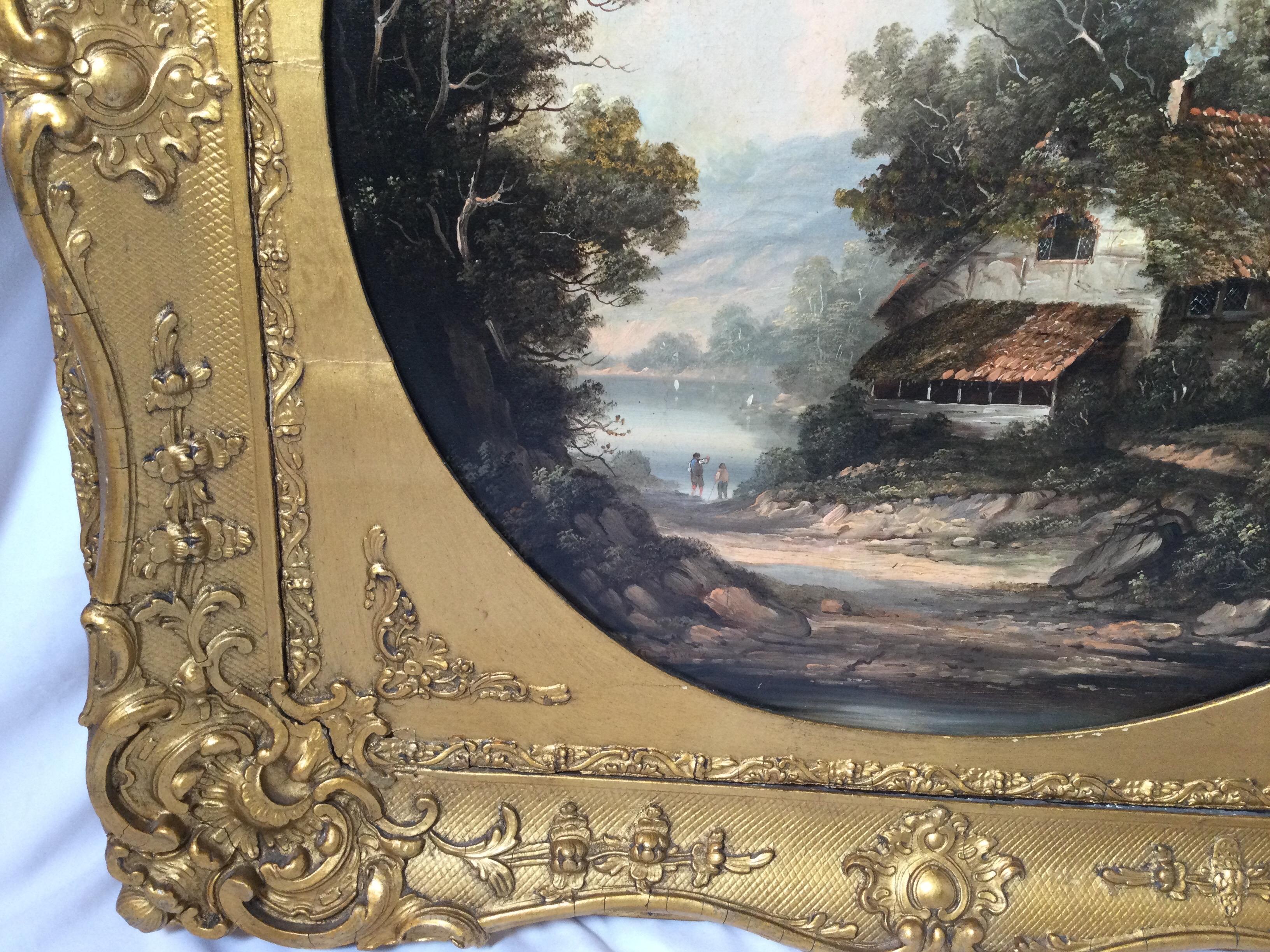 European 19th Century Round Landscape Oil Painting