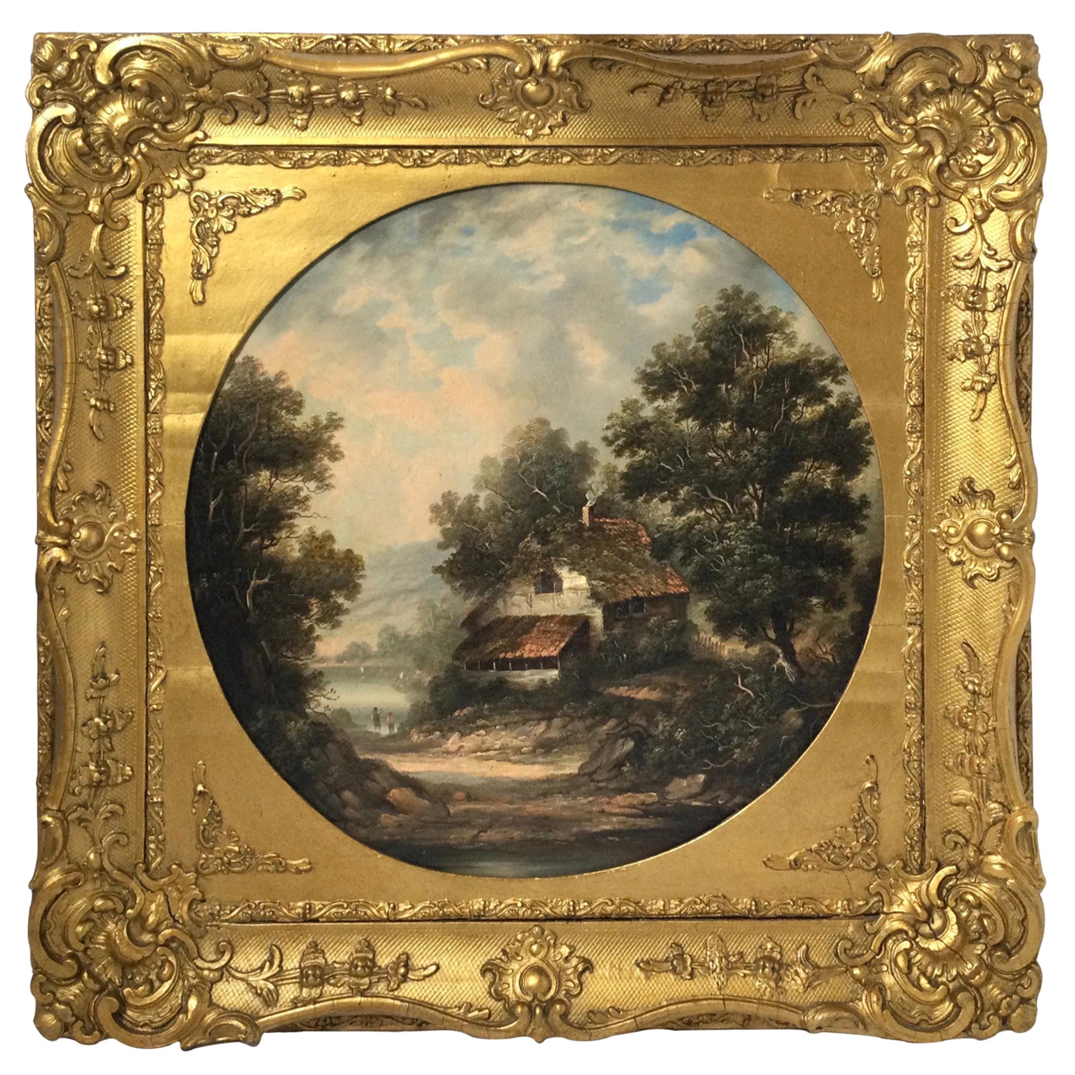 19th Century Round Landscape Oil Painting