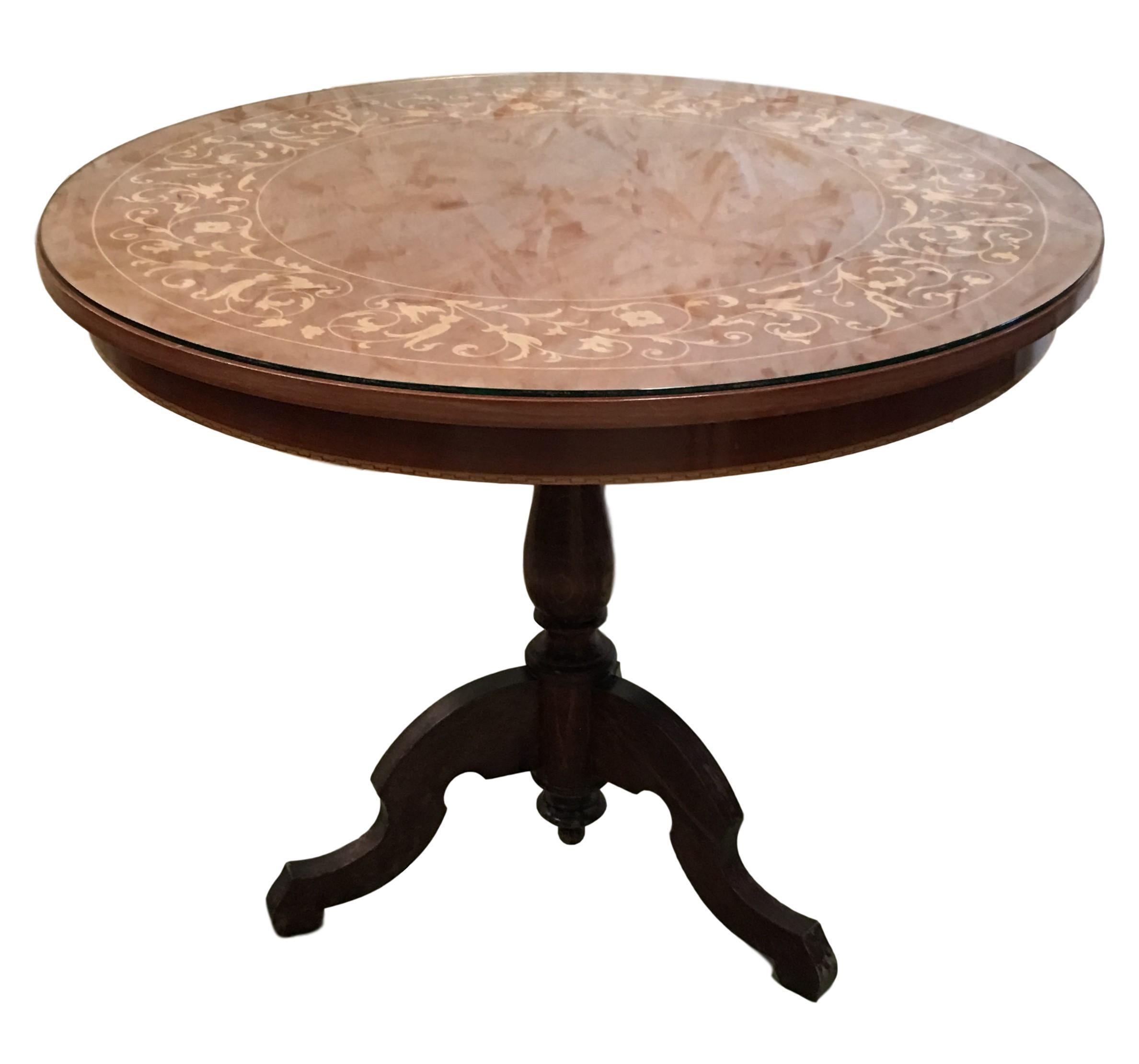 Victorian 19th Century Round Marquetry Pedestal Italian Table