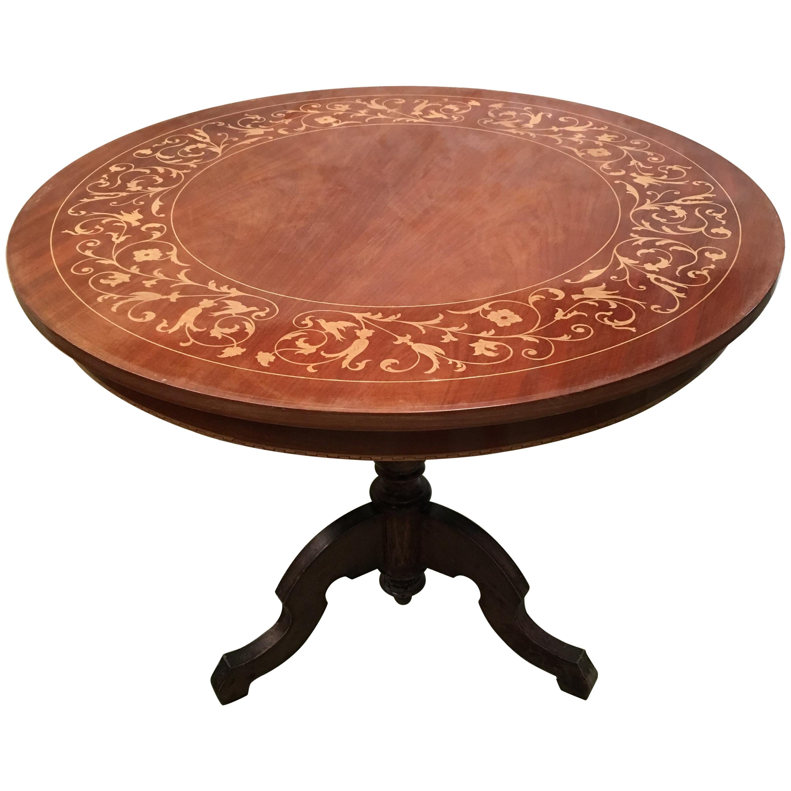 19th Century Round Marquetry Pedestal Italian Table