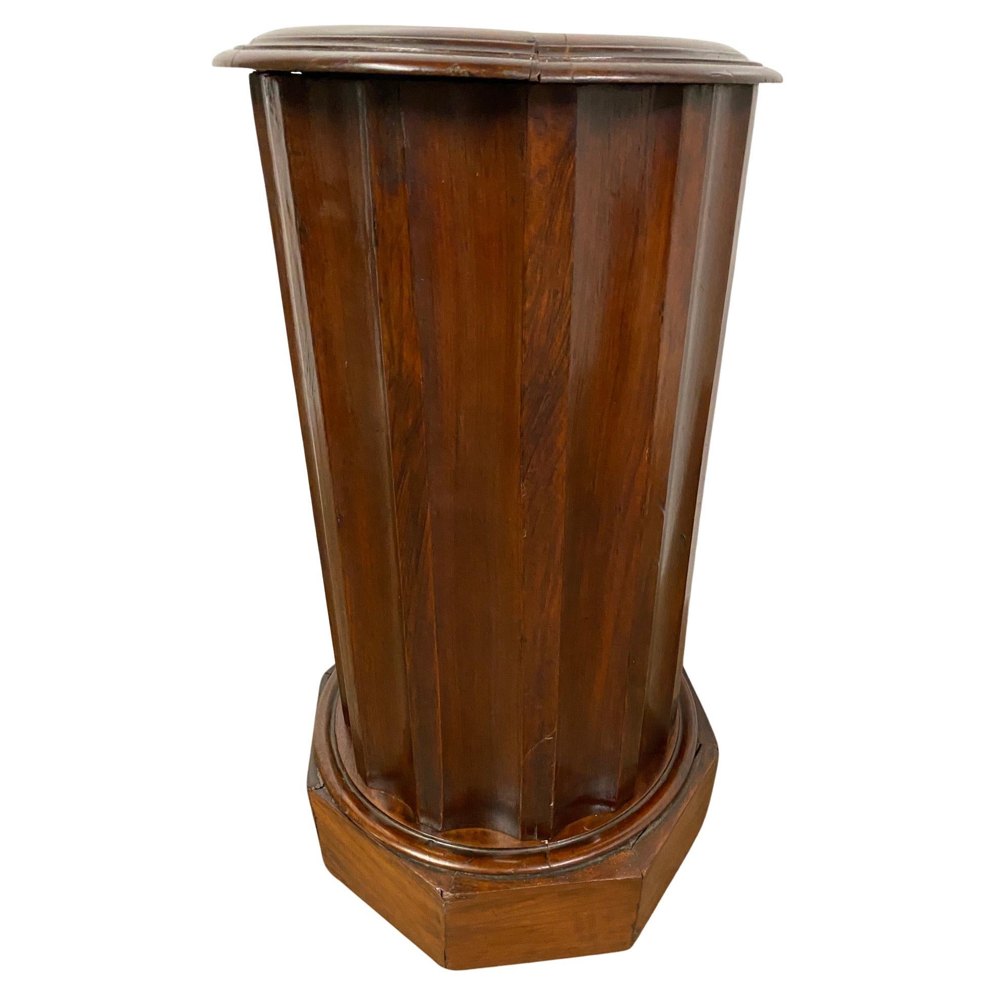 19th C. slender fluted cylindrical pedestal mahogany cabinet with marble inset top. Latch on door opens to interior shelving for storage. Can be used as a side table, end table, occasional table, bedside table.
     