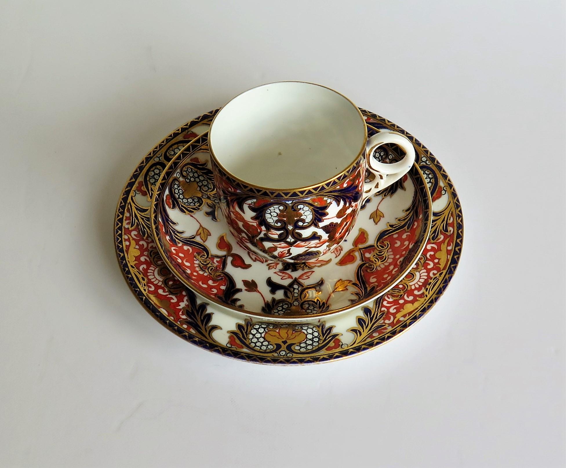 Late Victorian 19th Century Royal Crown Derby Porcelain Trio in Old Japan Pattern, circa 1890