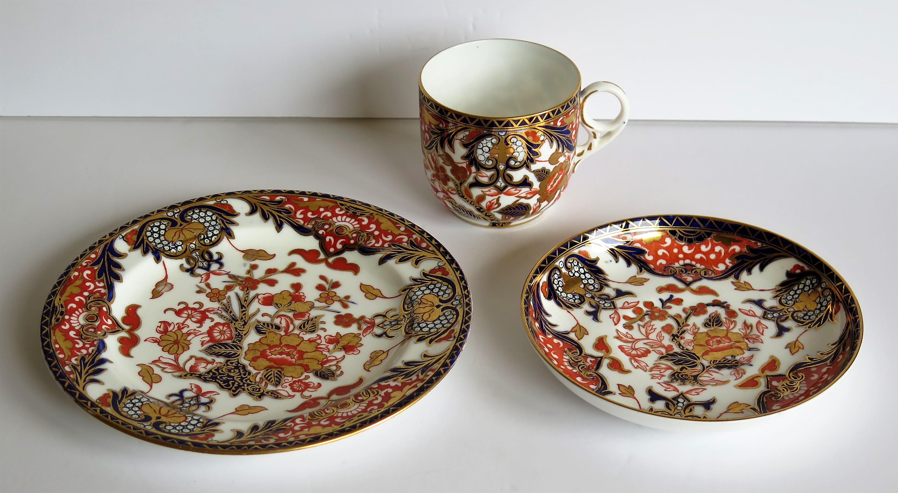 Hand-Painted 19th Century Royal Crown Derby Porcelain Trio in Old Japan Pattern, circa 1890