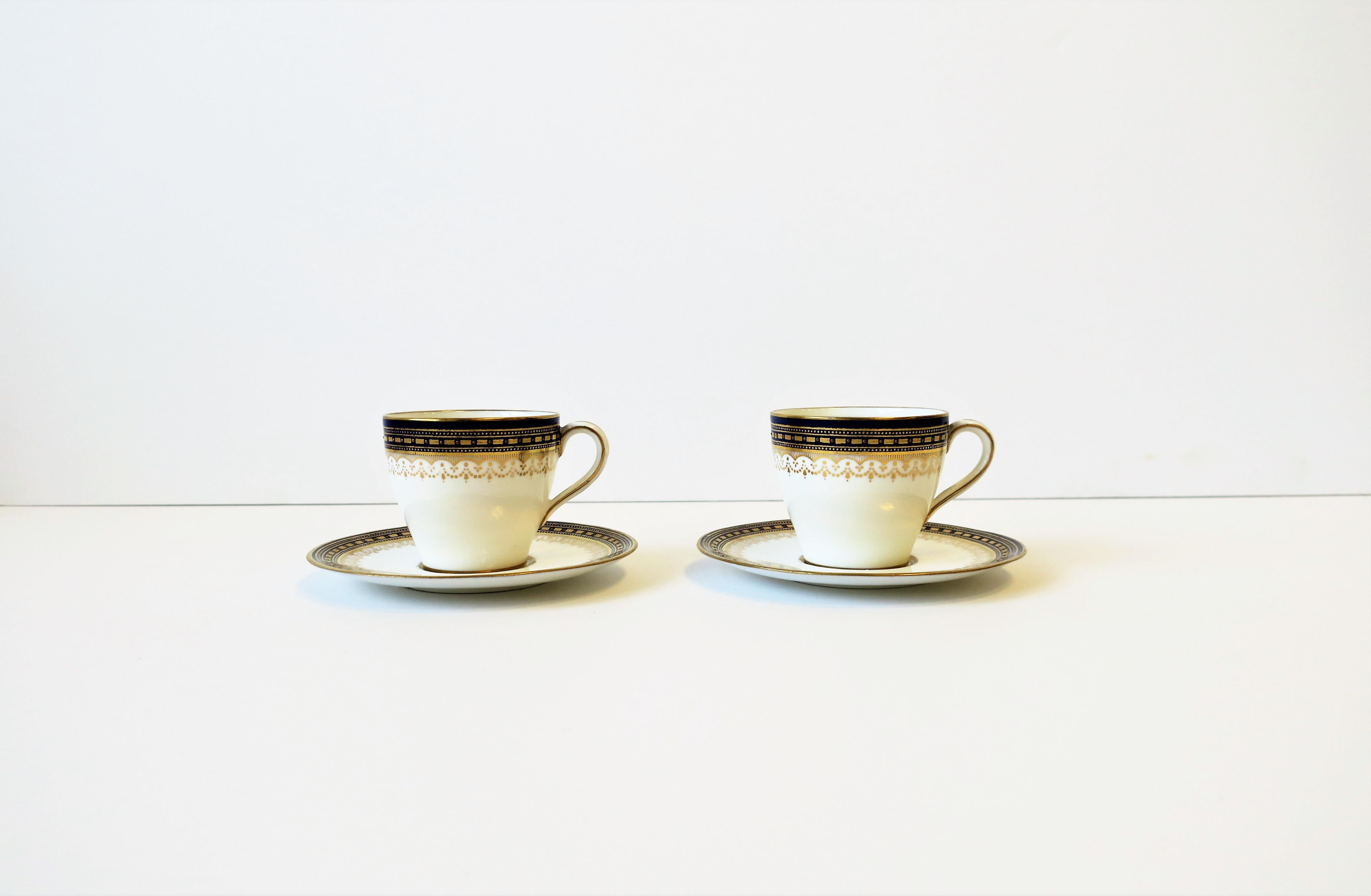 English Royal Doulton White Blue Gold Coffee or Tea Demitasse Cup & Saucer, circa 19th C For Sale