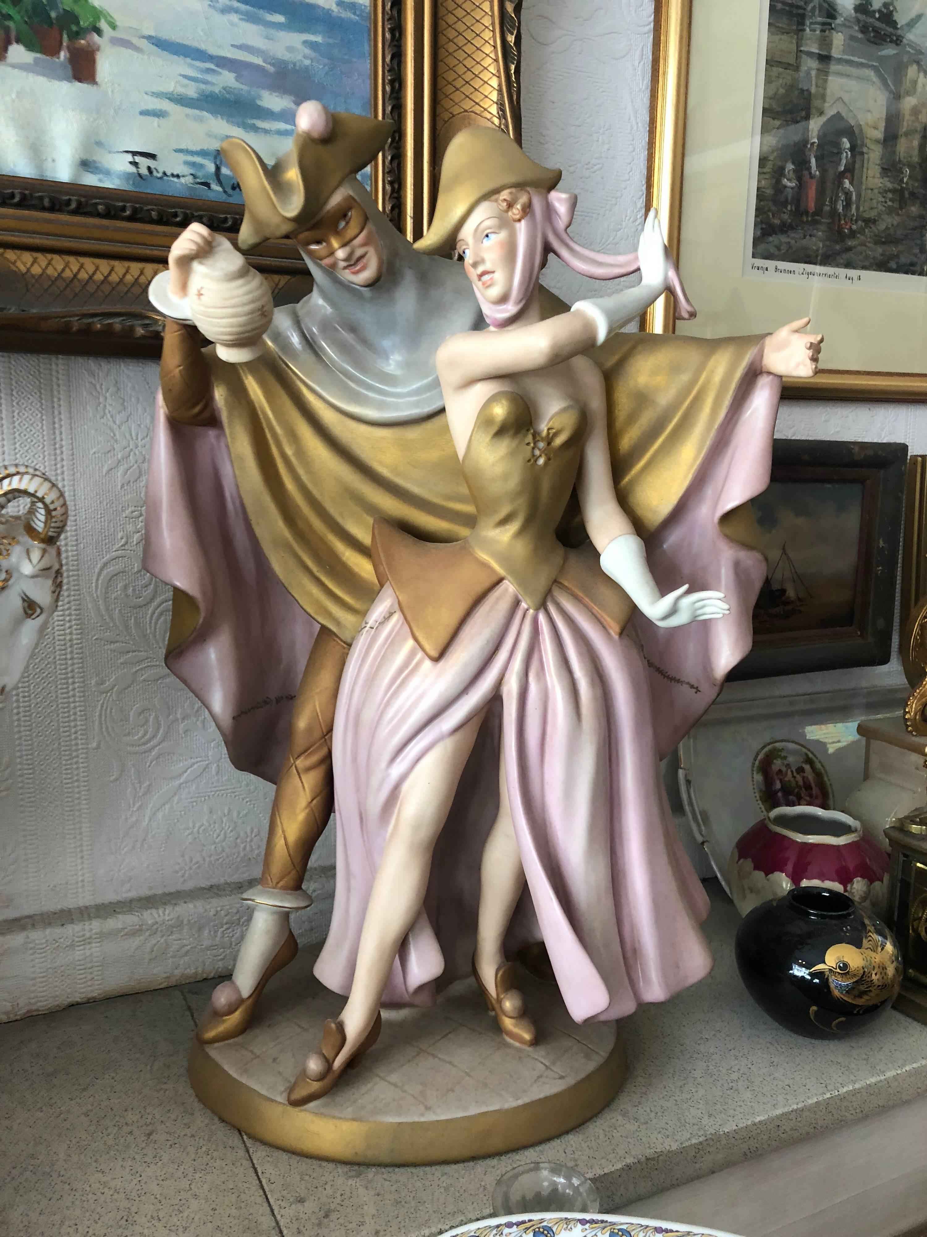 Lovely rare 50 cm height Royal Dux dancing couple figure 
Limited Edition 

Duxer Porzellanmanufaktur, or Dux Porcelain Manufactory, was started in 1860 by Eduard Eichler in what was then Duchov, Bohemia. The high quality pottery and porcelain