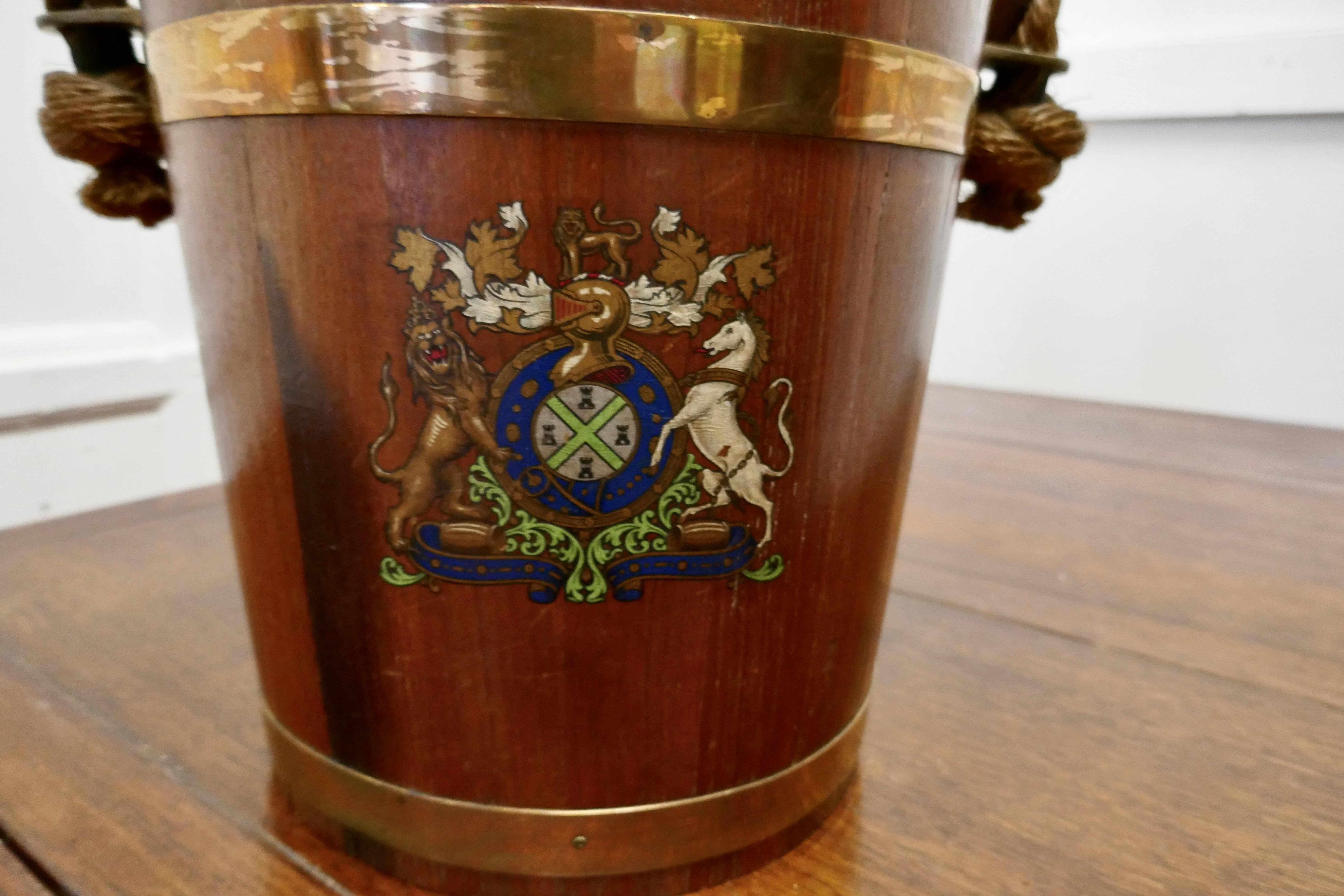 British Colonial 19th Century Royal Navy Oak Fire Bucket, with Plymouth Armorial Crest     For Sale
