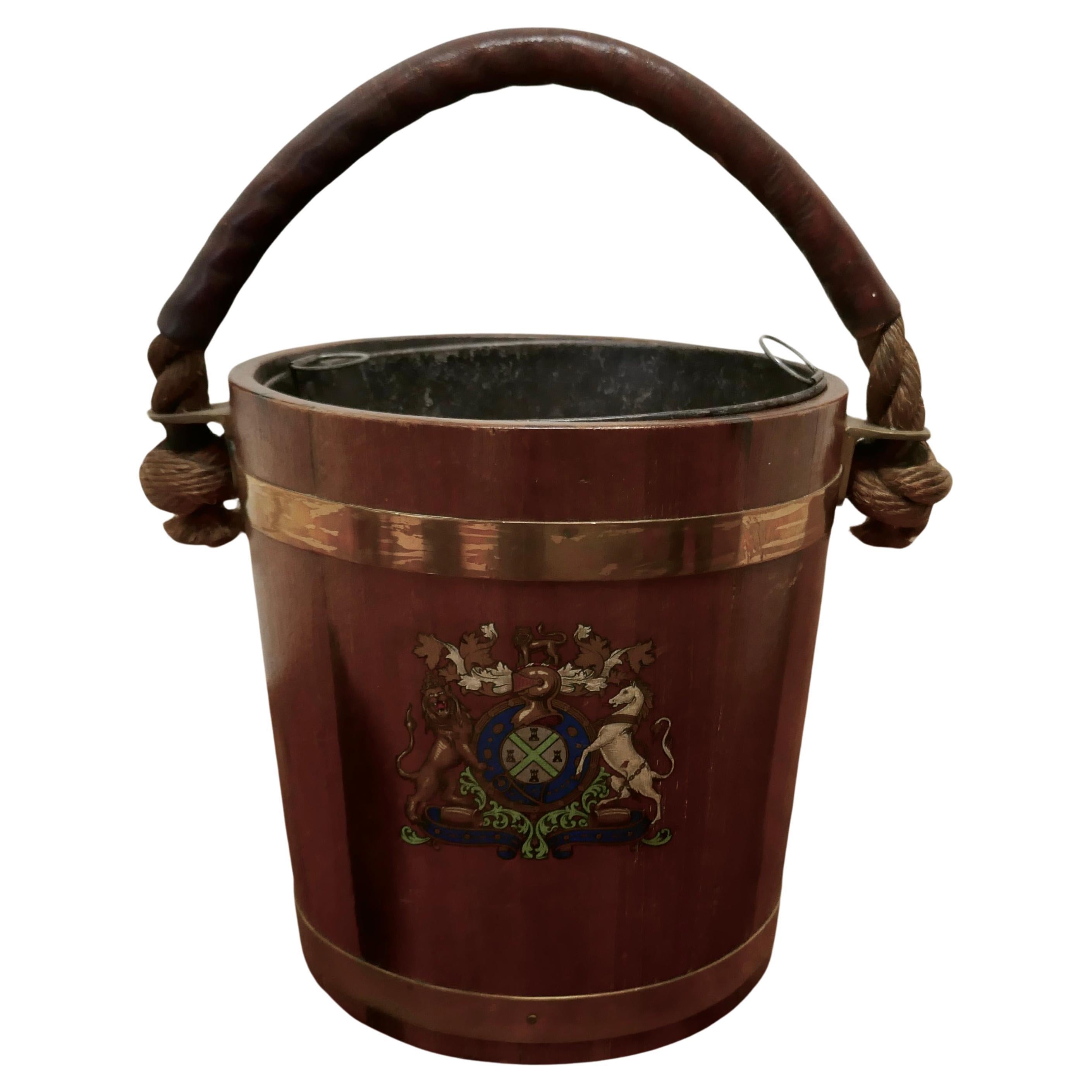 19th Century Royal Navy Oak Fire Bucket, with Plymouth Armorial Crest     For Sale