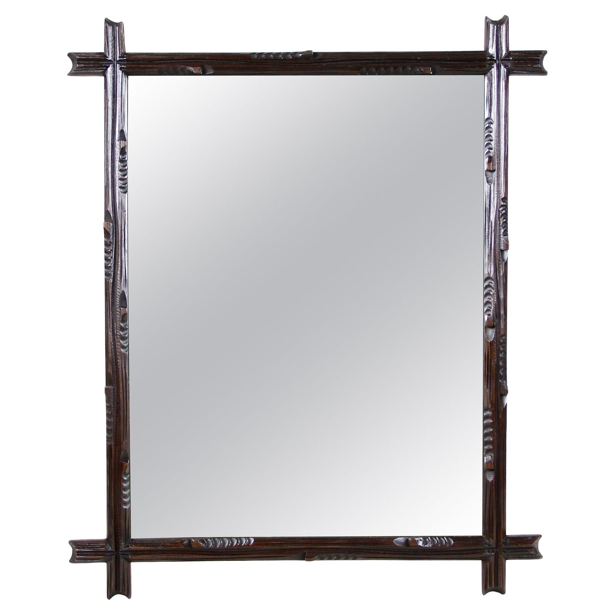 19th Century Rsutic Black Forest Mirror Basswood Hand Carved, AT circa 1890